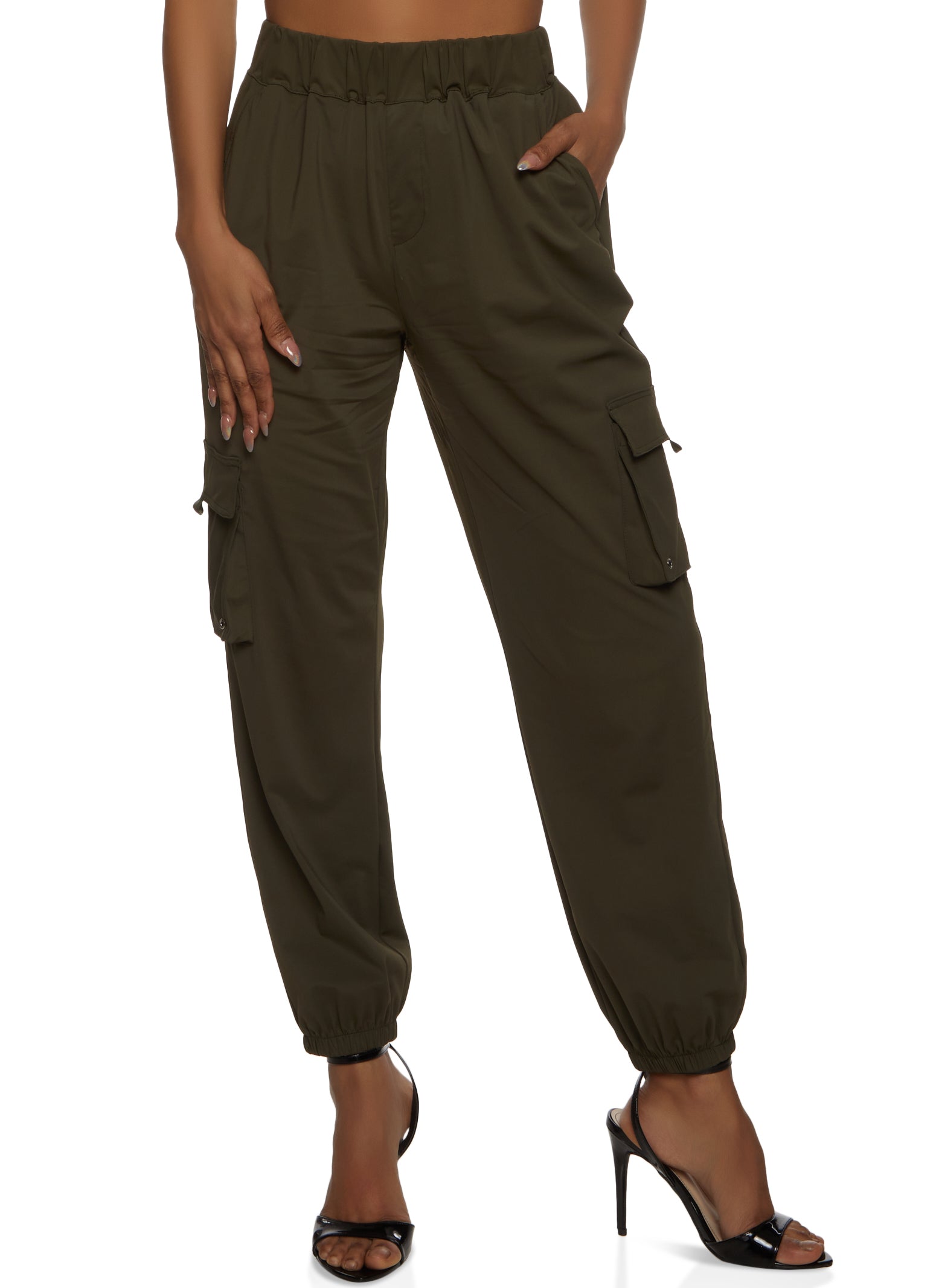 Solid High Waisted Cargo Joggers