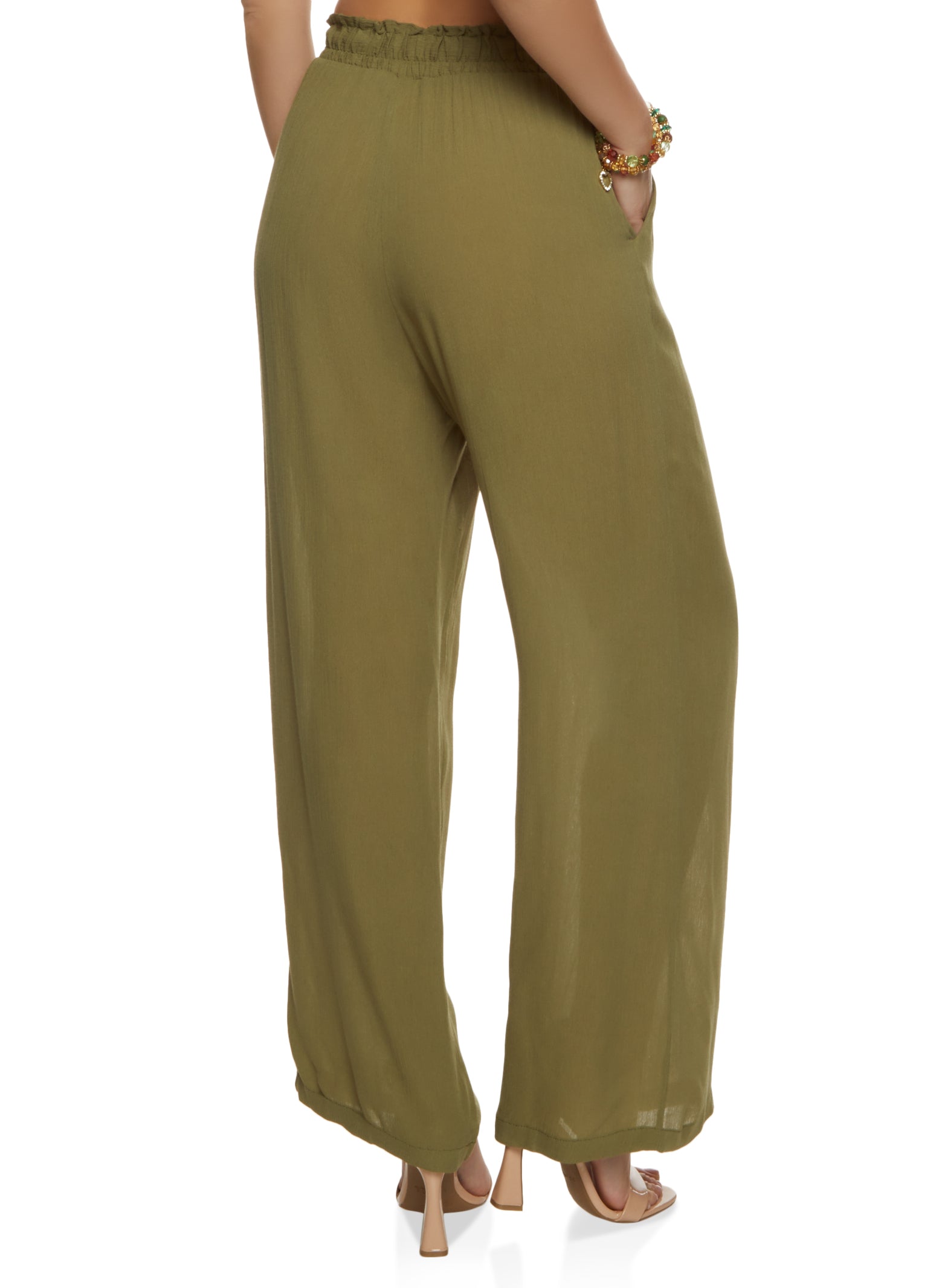 Gauze Knit Faux Drawstring Wide Leg Pants