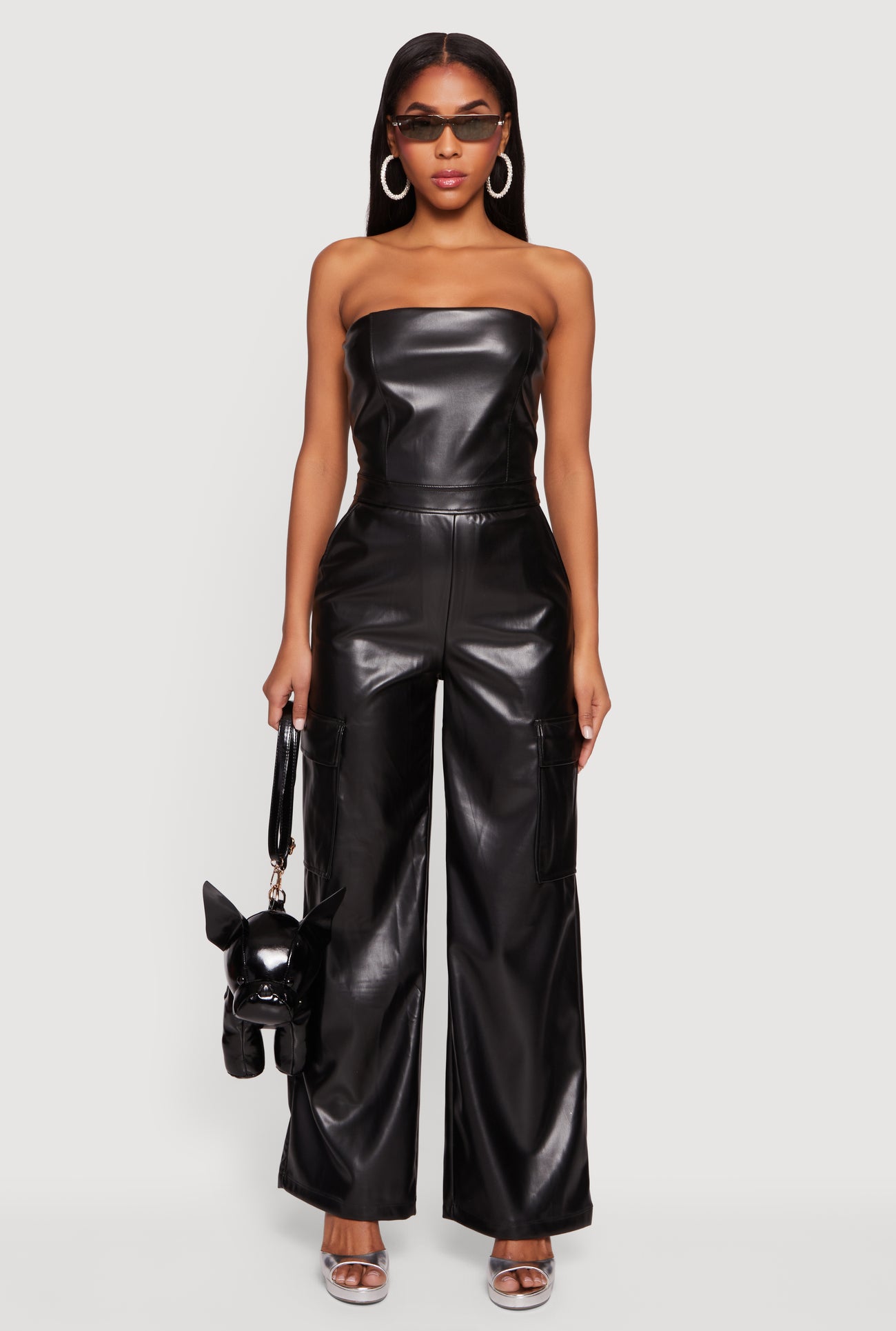 Faux Leather Strapless Wide Leg Cargo Jumpsuit - BLACK / S