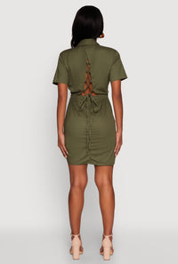 Lace Up Back Button Front Cut Out Mini Dress