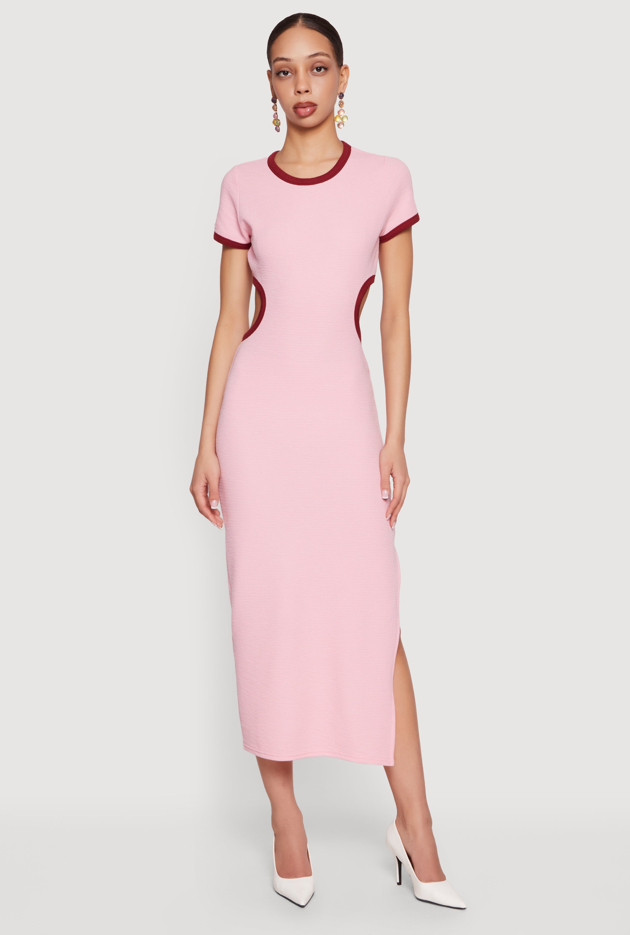 Contrast Trim Cutout Back Short Sleeve Midi Dress