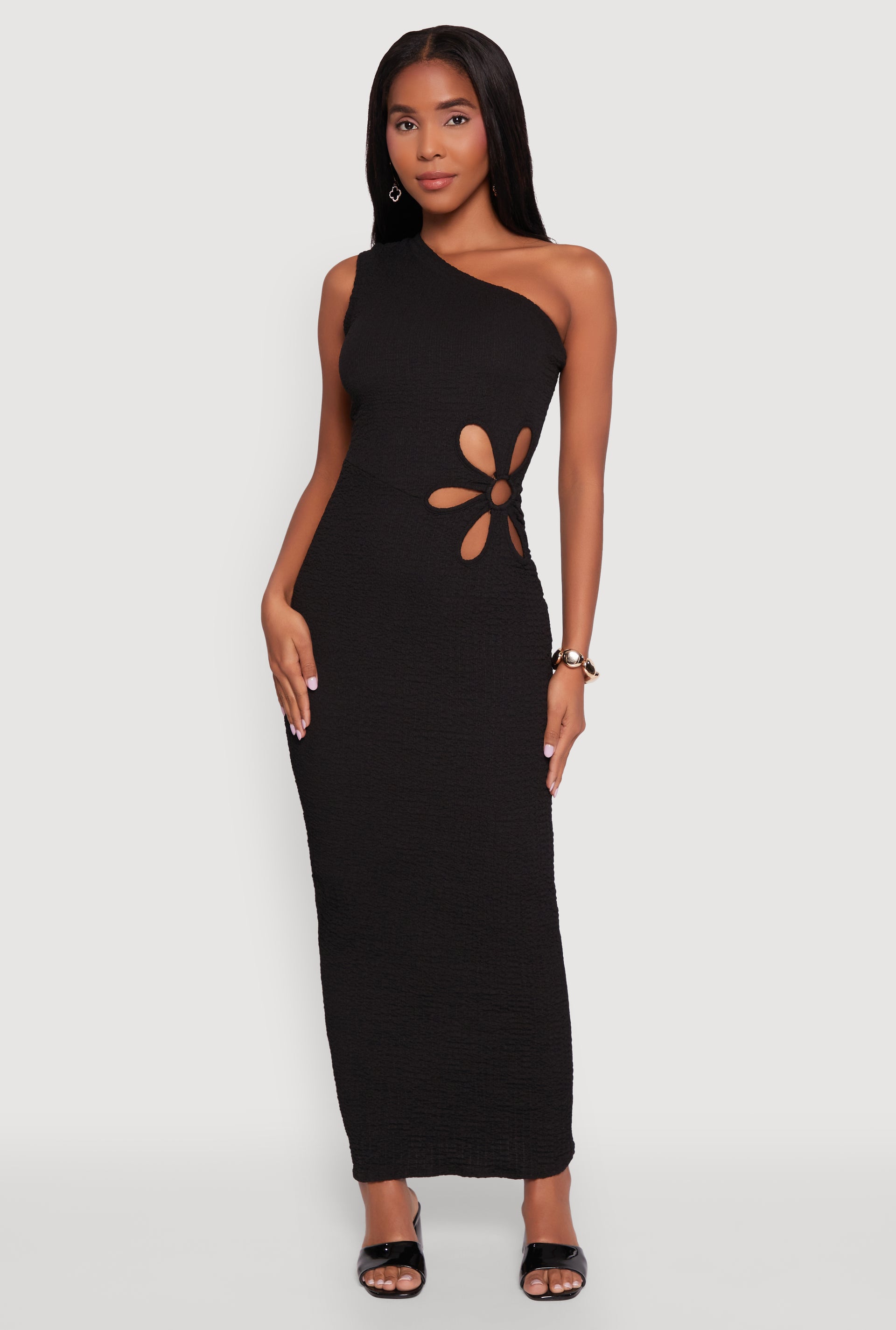 black applique detail one shoulder cut out maxi dress Trendy One Shoulder Flower Cut Out Maxi Dress