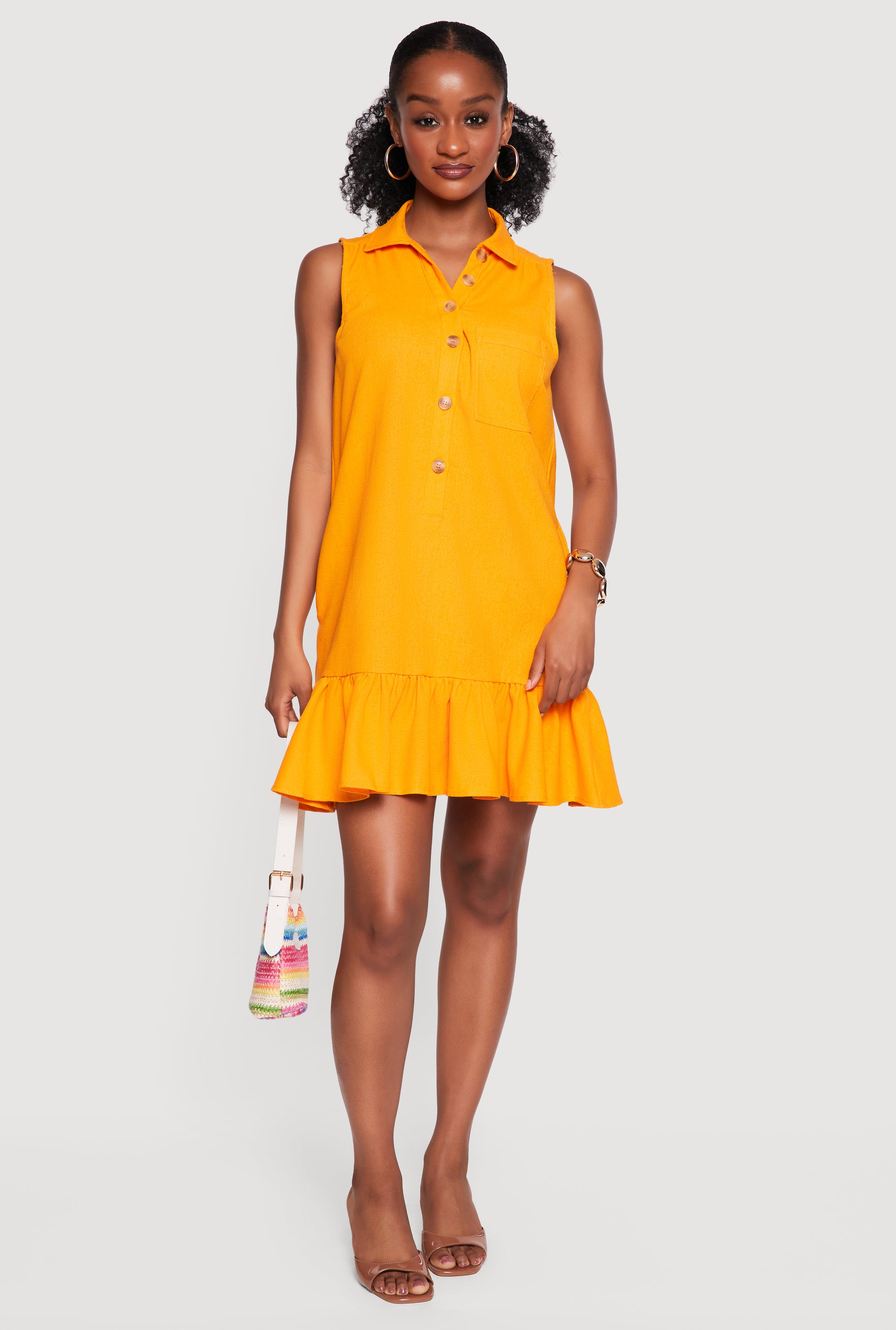 Linen Ruffle Hem Sleeveless Button Front Dress