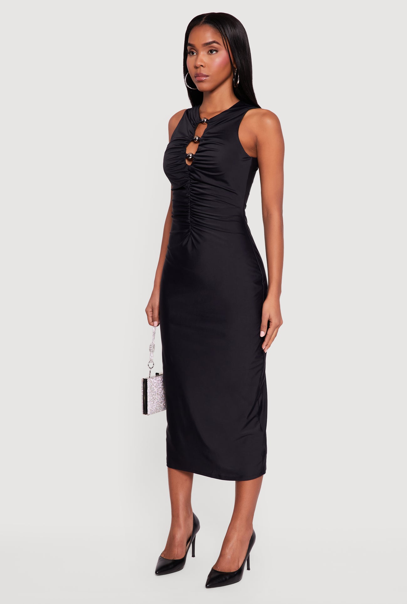 Metallic Bead Detail Ruched Front Midi Dress