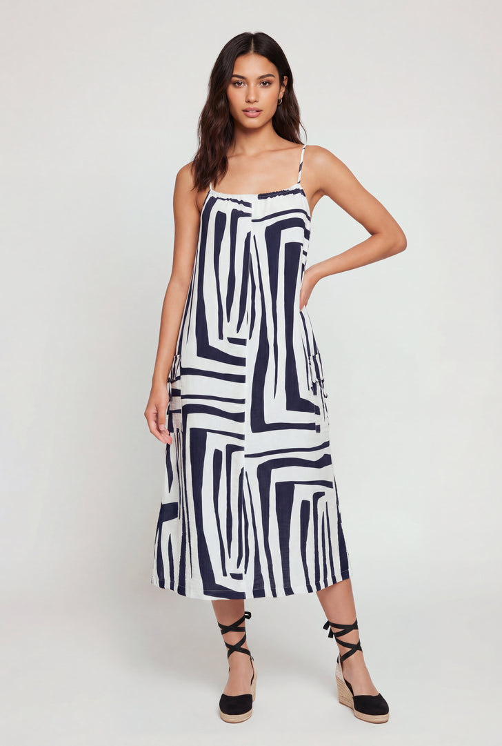 white christmas dresses Chic Lace Insert Open Back Pinstripe Cami Midi Dress for Elegant Summe main image 0