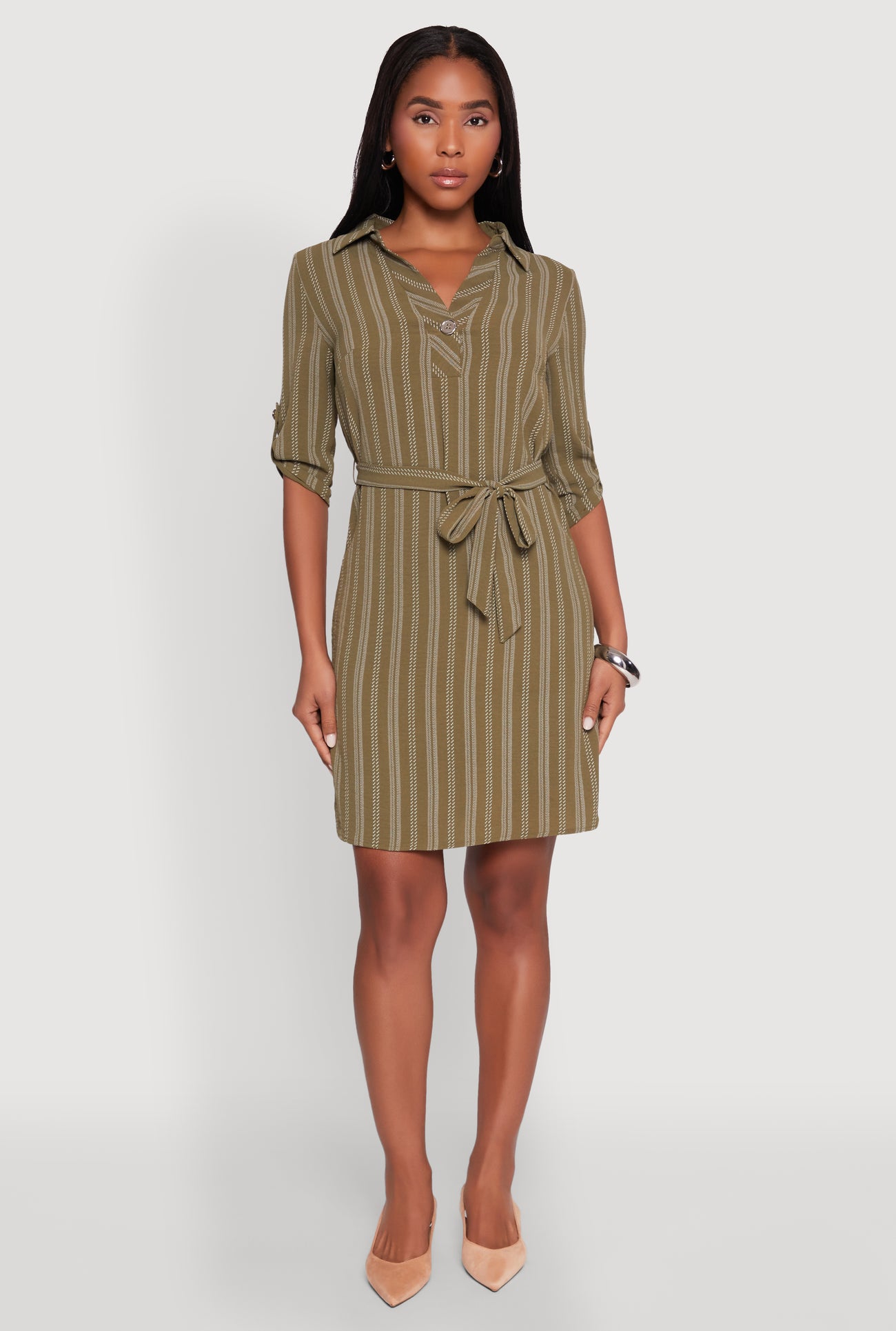 Airy Striped Tie Waist Mini Shirt Dress