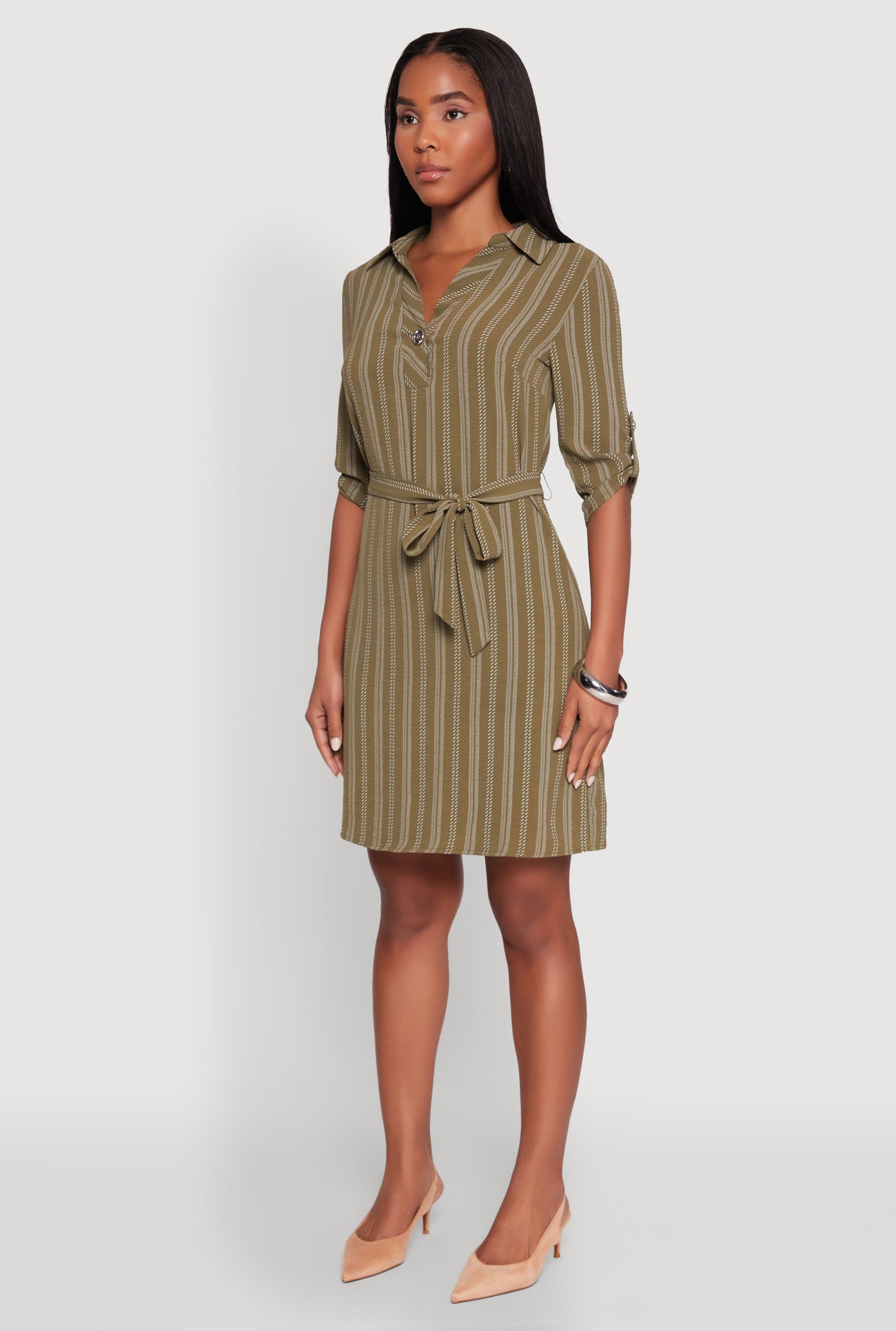 Airy Striped Tie Waist Mini Shirt Dress