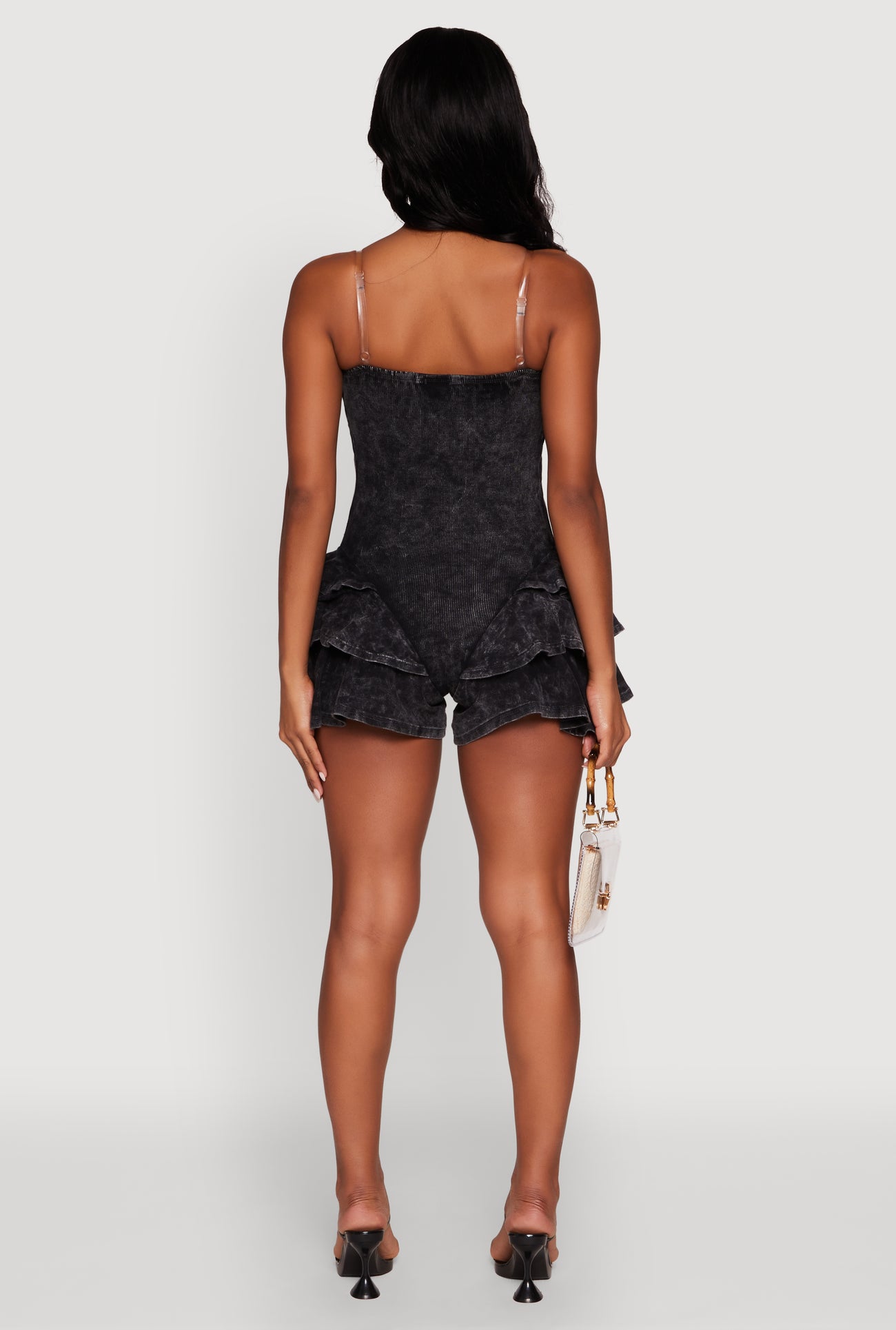 Trendy Acid Wash Corset Romper with Tiered Ruffles