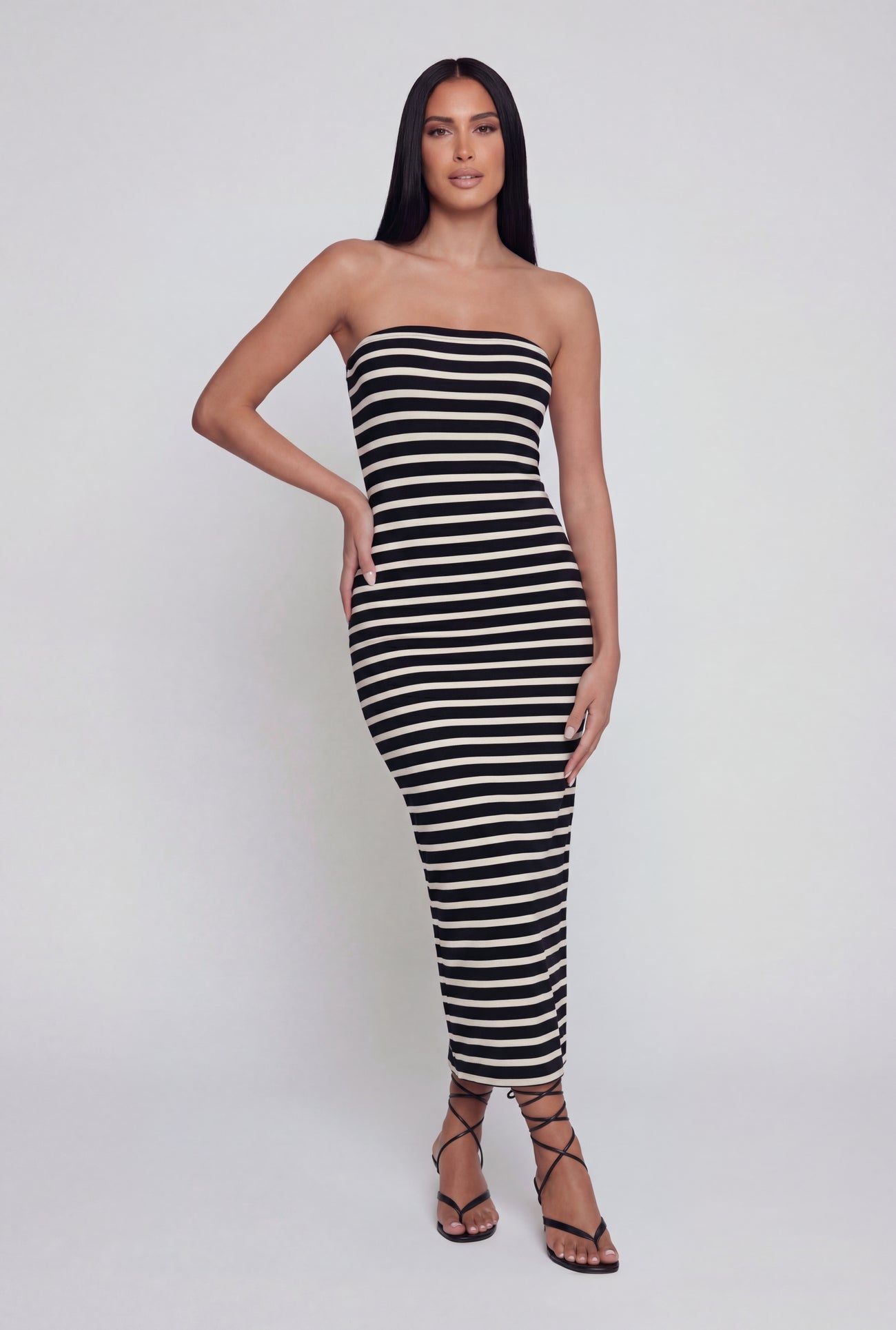 black white striped strapless dress Striped Tube Midi Dress