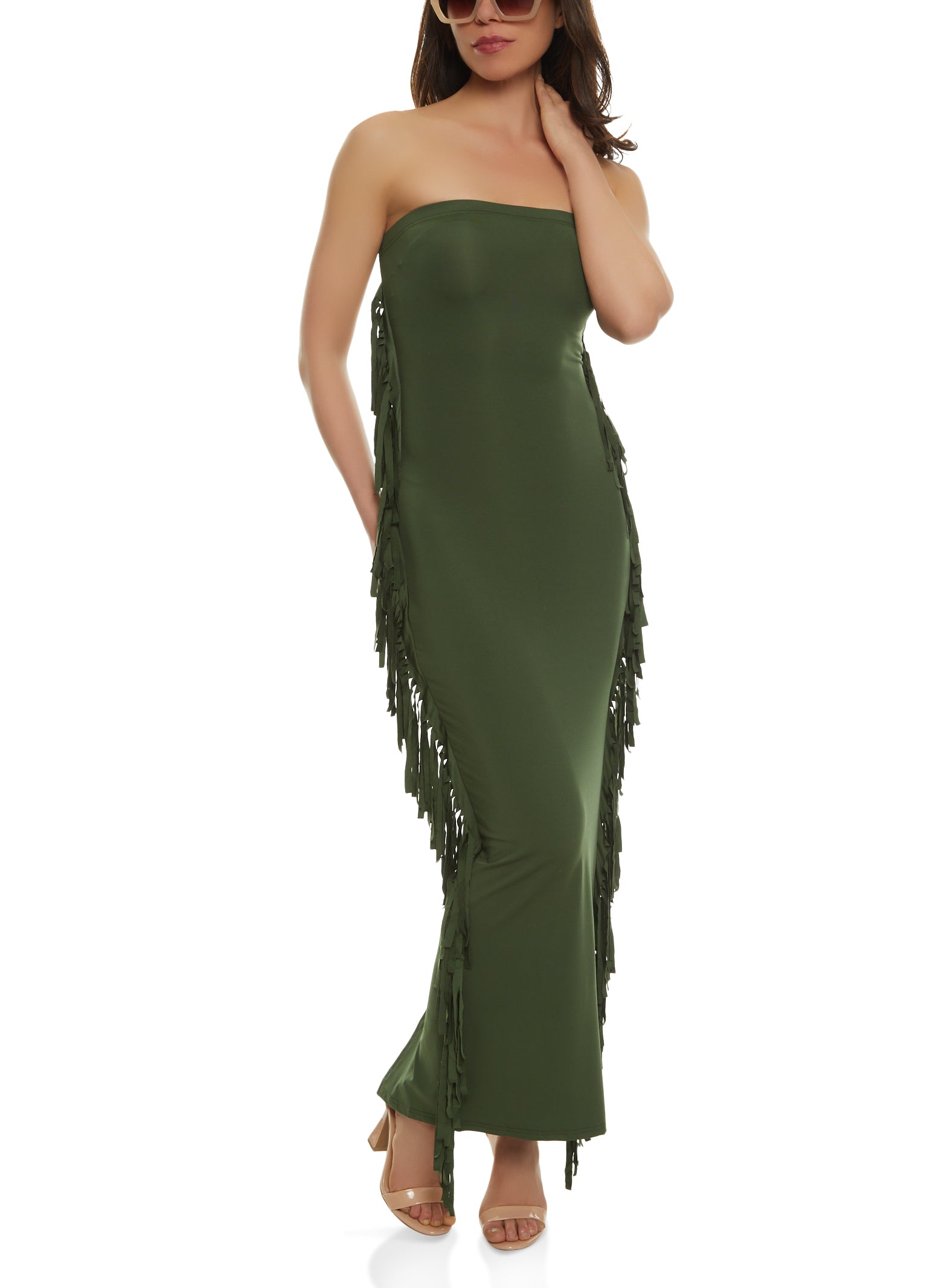 Womens Daisy Fringe Side Maxi Tube Dress Olive Size S Rainbow Shops