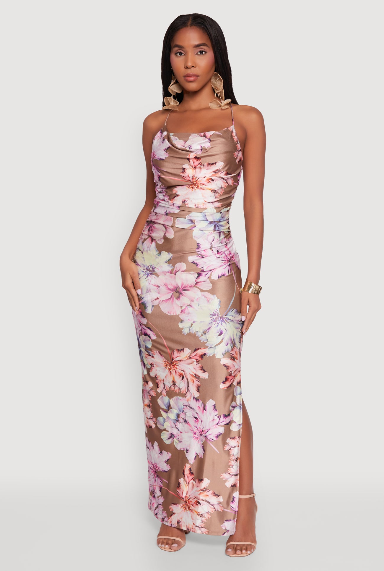 Haute Monde Floral Lace Up Side Slit Maxi Dress Haute Monde Floral Lace Up Side Slit Maxi Dress