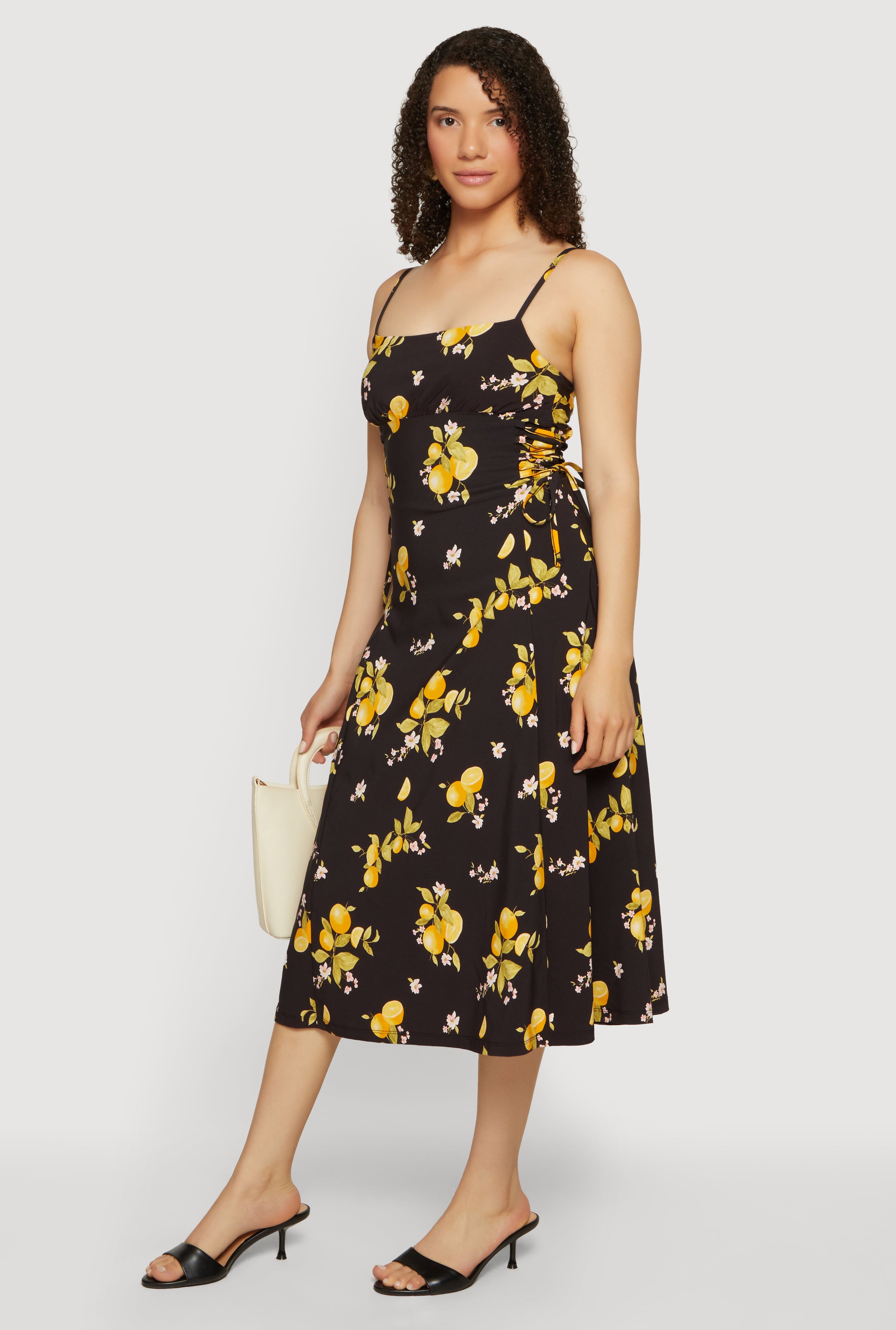 Lemon Print Lace Up Sides Midi Dress