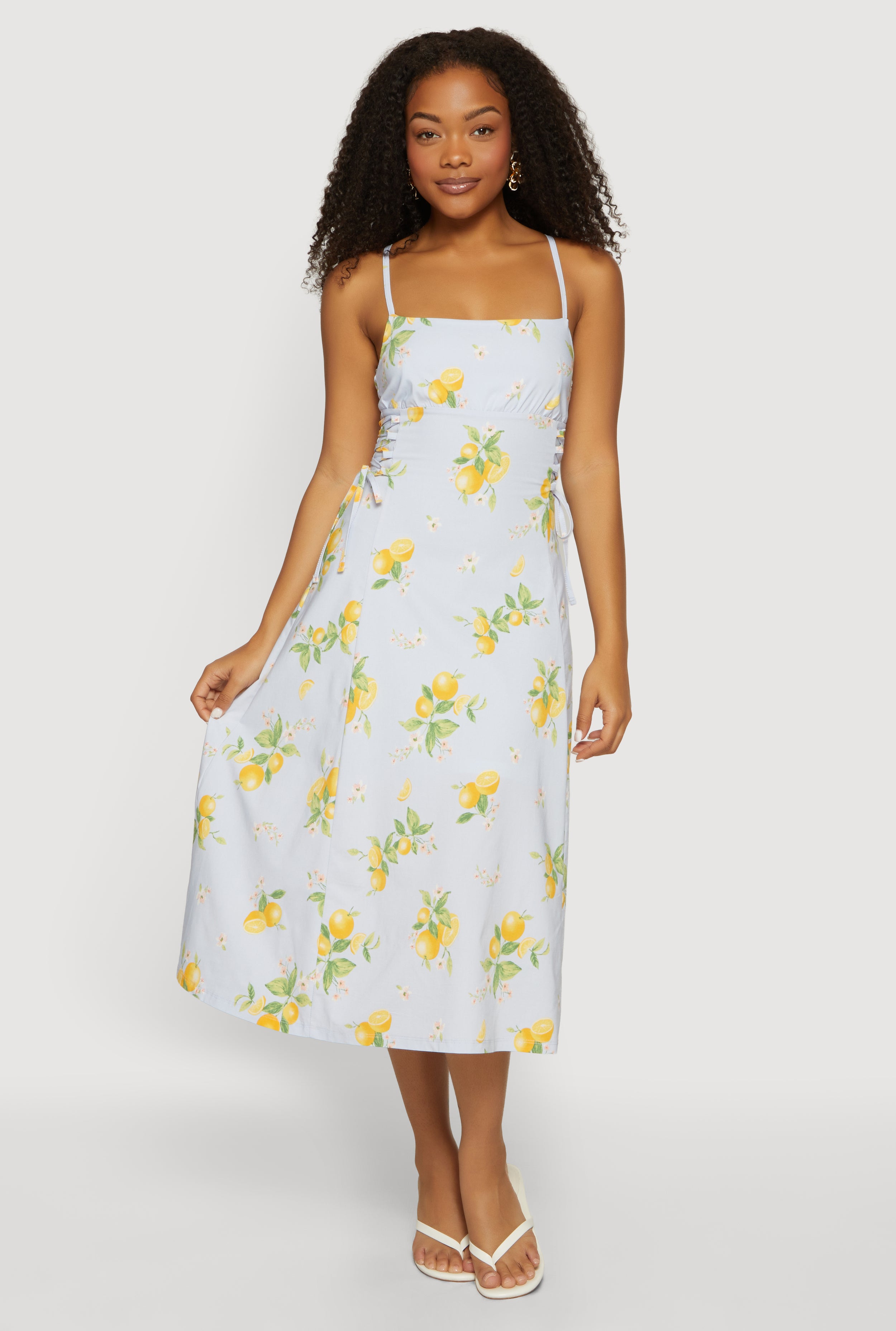 Lemon Print Lace Up Sides Midi Dress