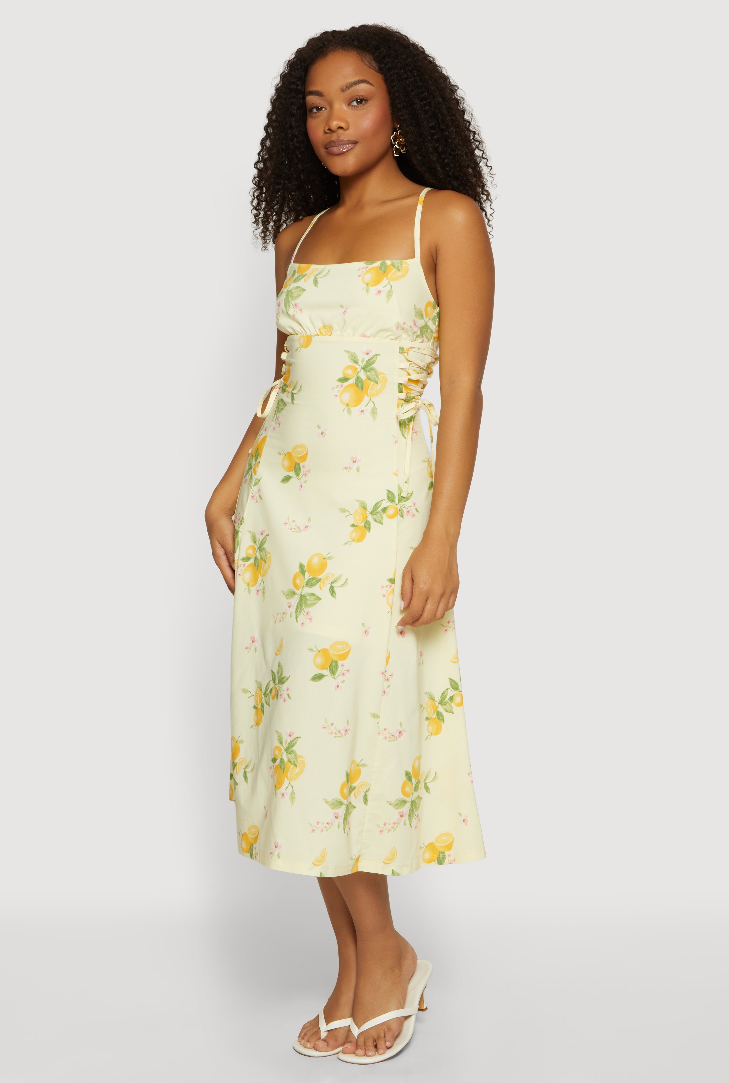 Lemon Print Lace Up Sides Midi Dress