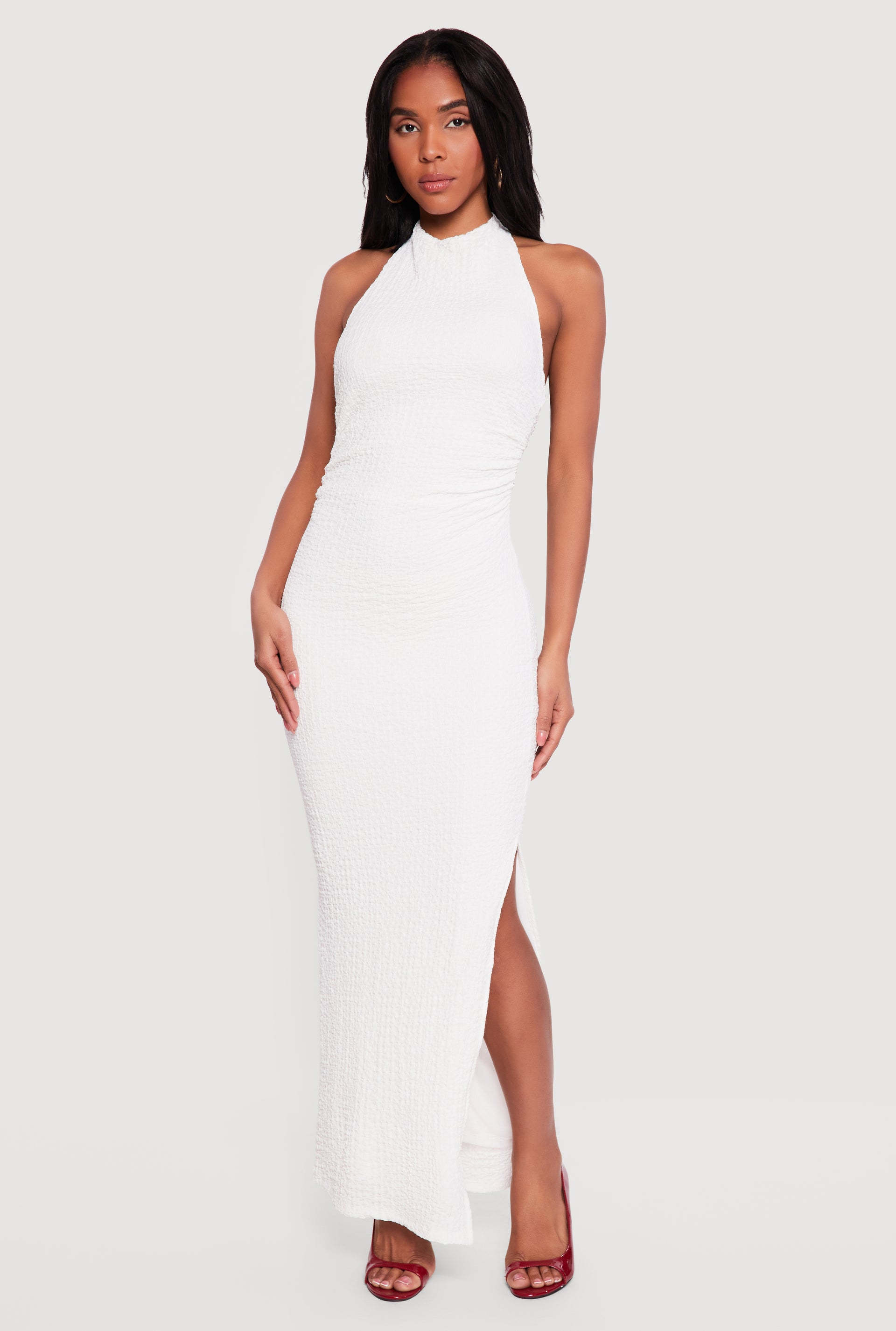 Textured Knit Ruched Side Halter Maxi Dress