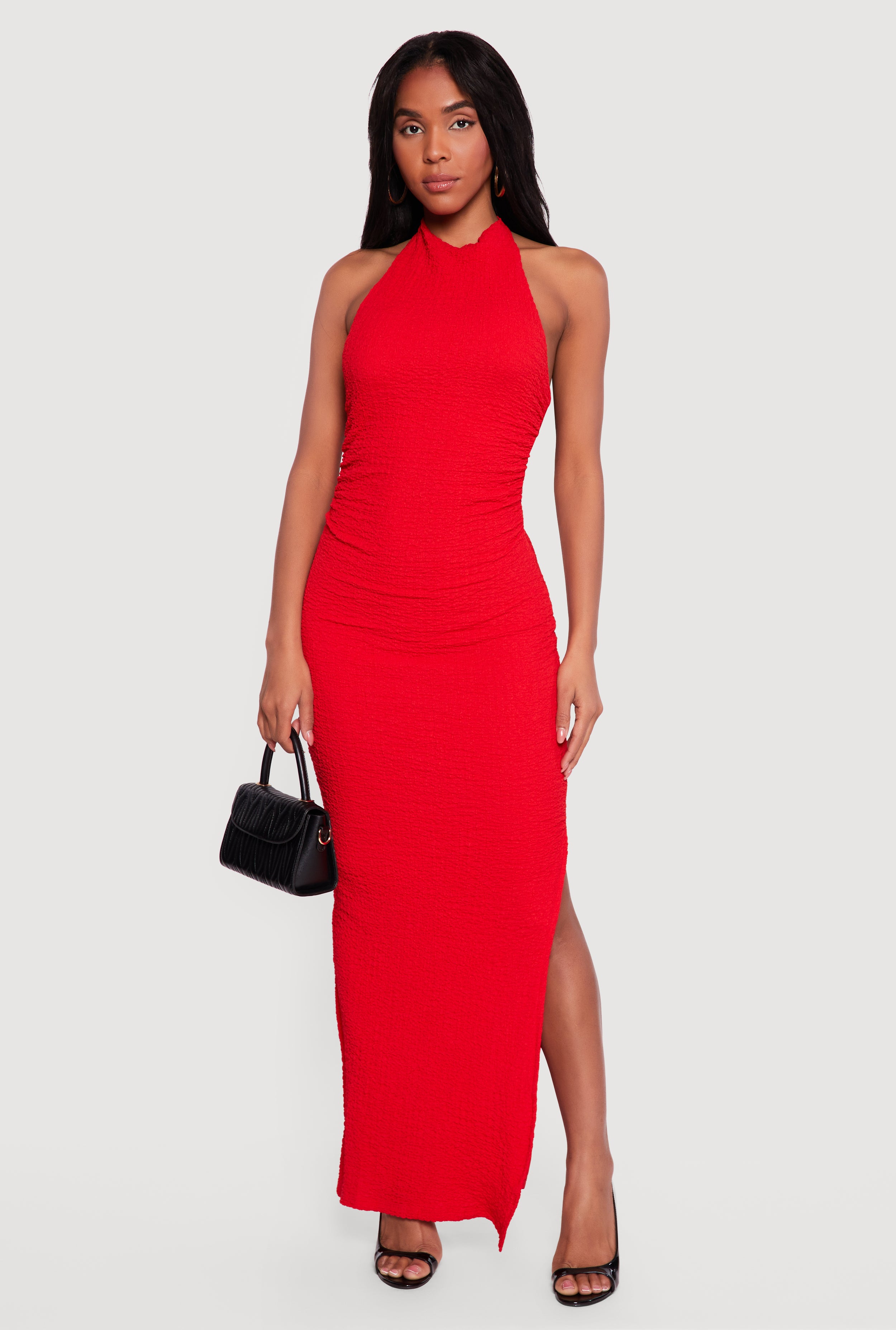 Textured Knit Ruched Side Halter Maxi Dress