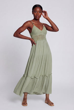 beaded tiered dress Paula pink bead tiered semi-sheer gown