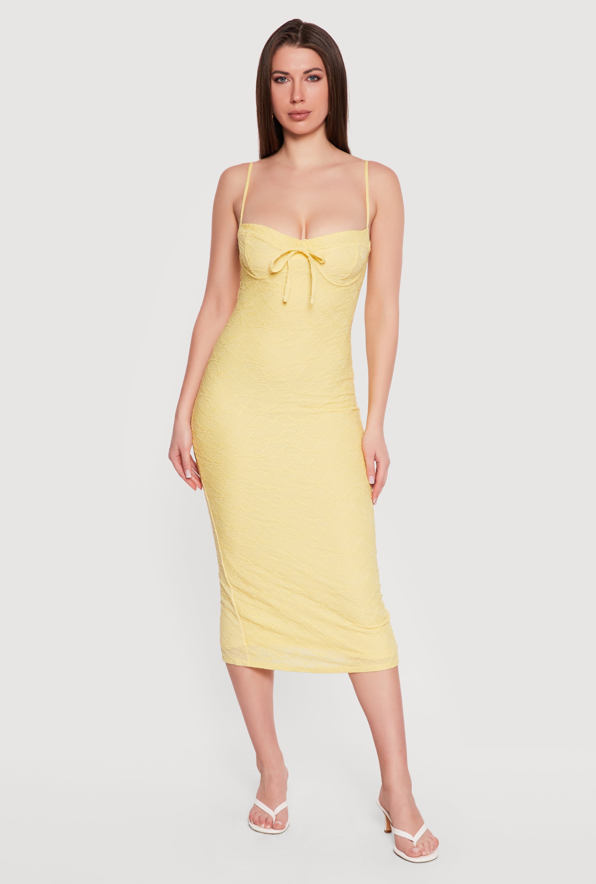Womens Sleeveless Tie Front Sweetheart Bustier Dress, Yellow, Size M