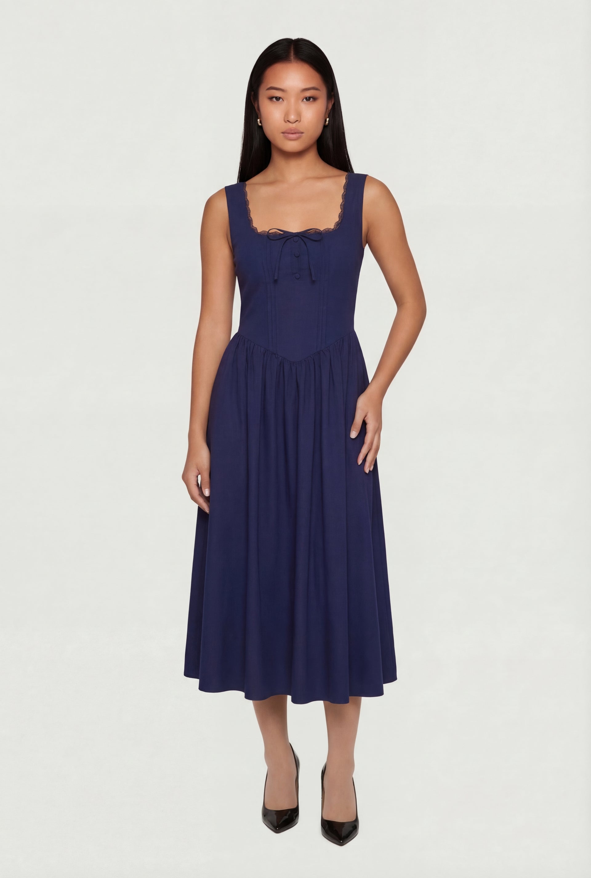 navy lace skater dress Lace Trim Lace Up Detail Midi Skater Dress