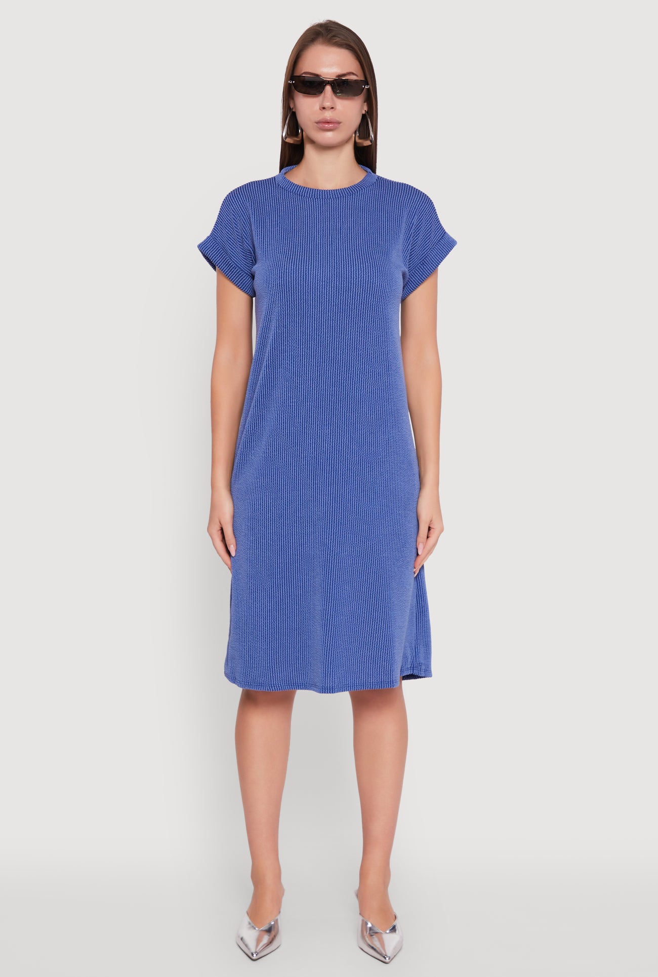 Rib Knit Shadow Stripe Fixed Cuff T-Shirt Dress