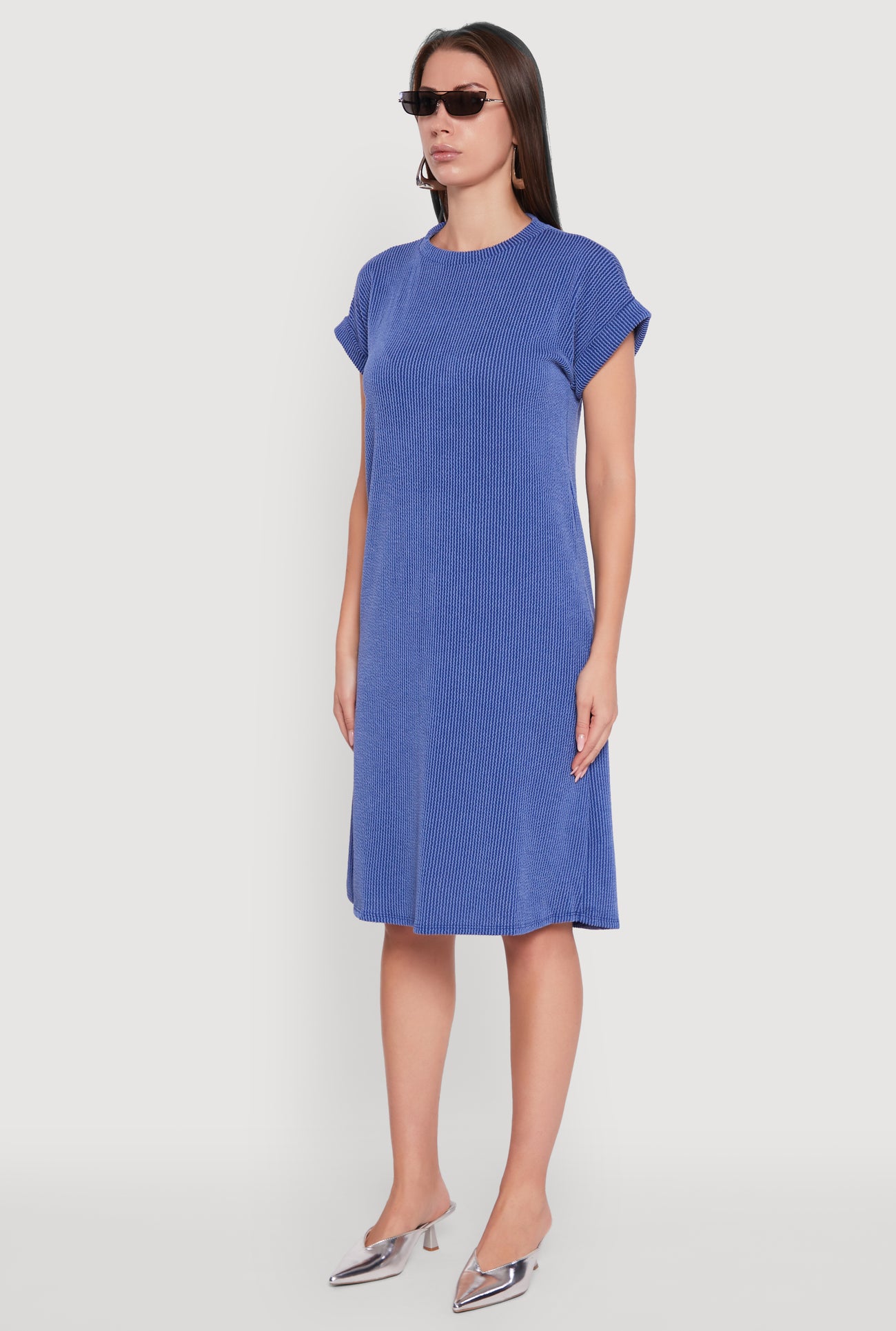 Rib Knit Shadow Stripe Fixed Cuff T-Shirt Dress