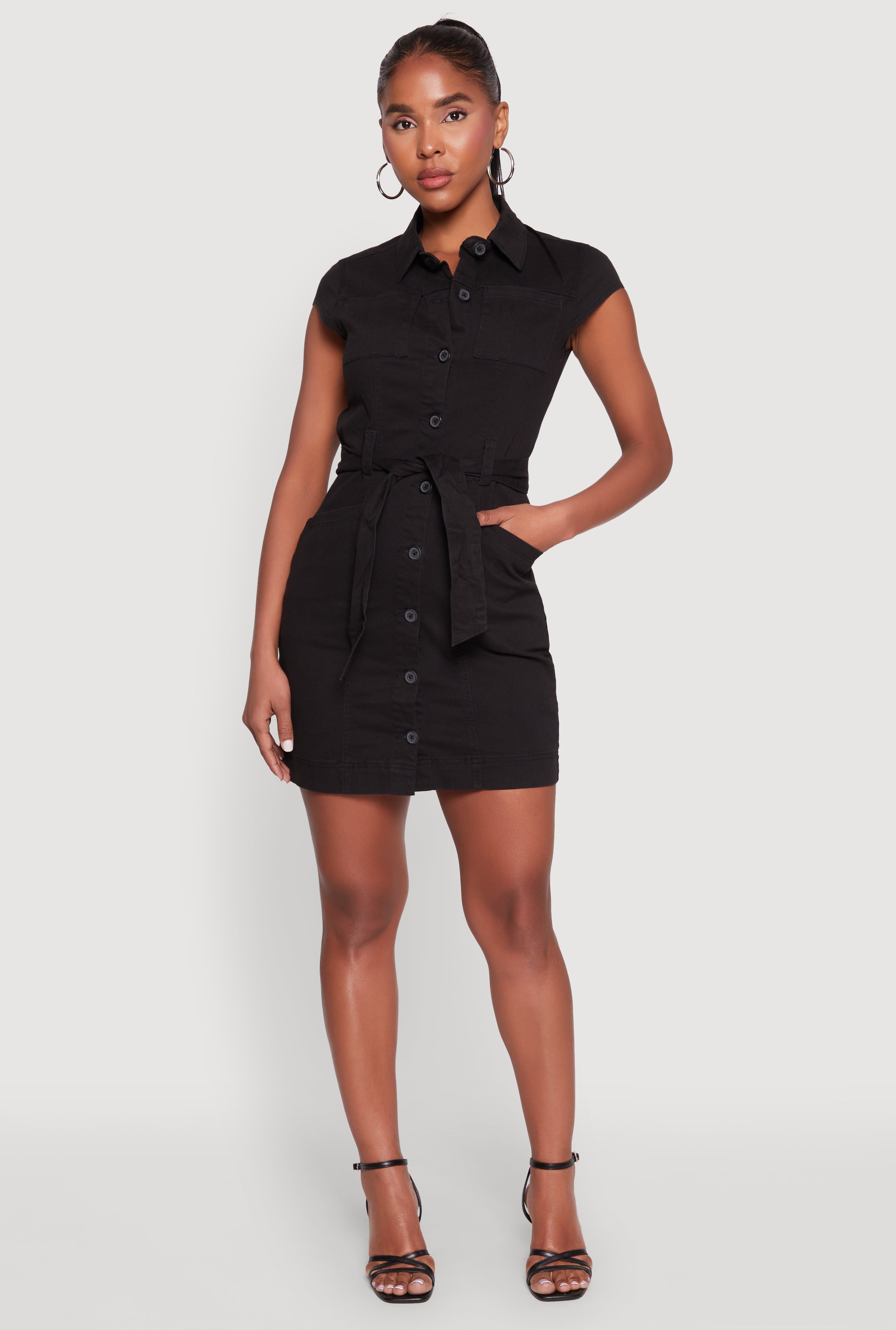 Twill Button Front Belted Shirt Dress