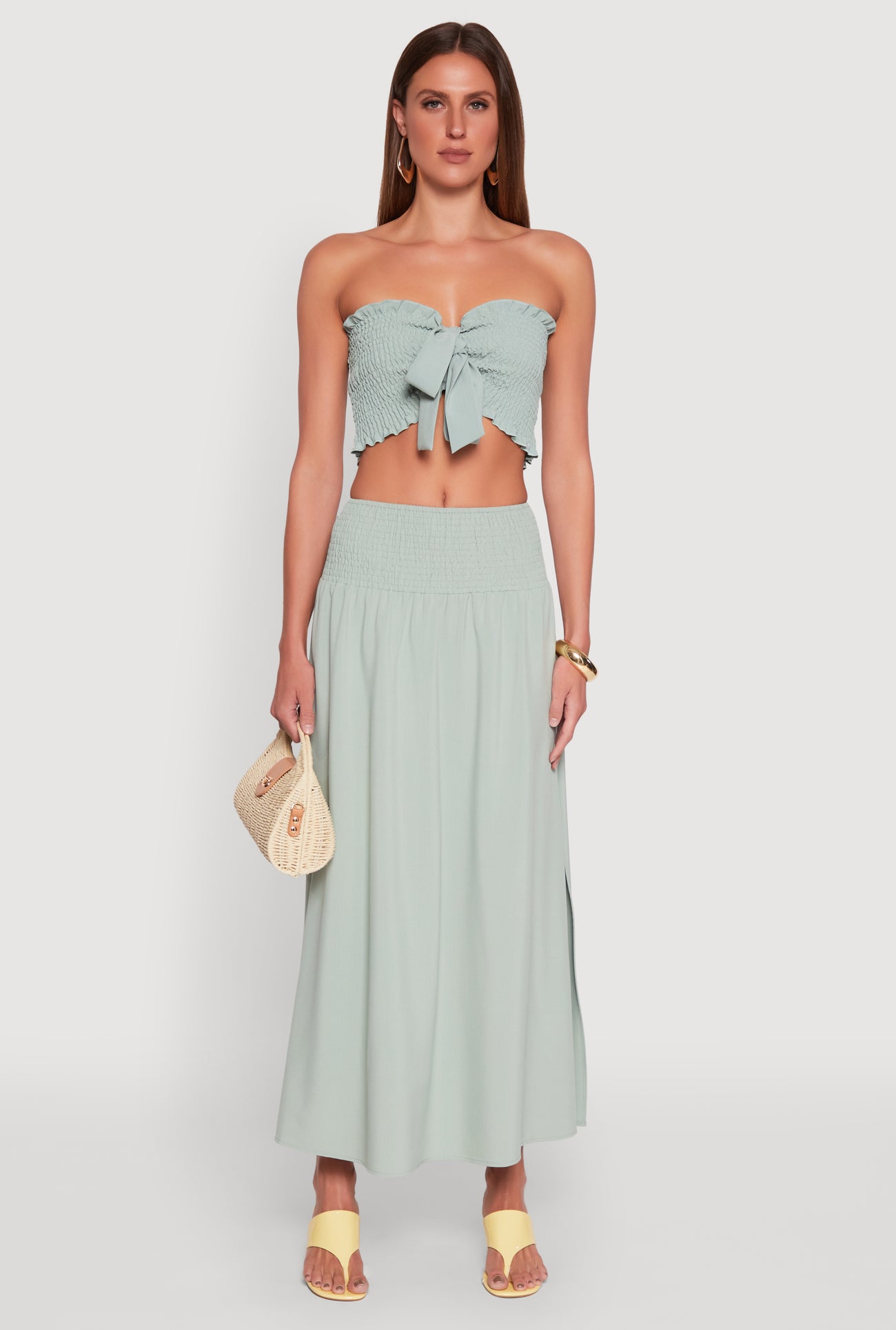 Smocked High Waist Side Slit Skirt