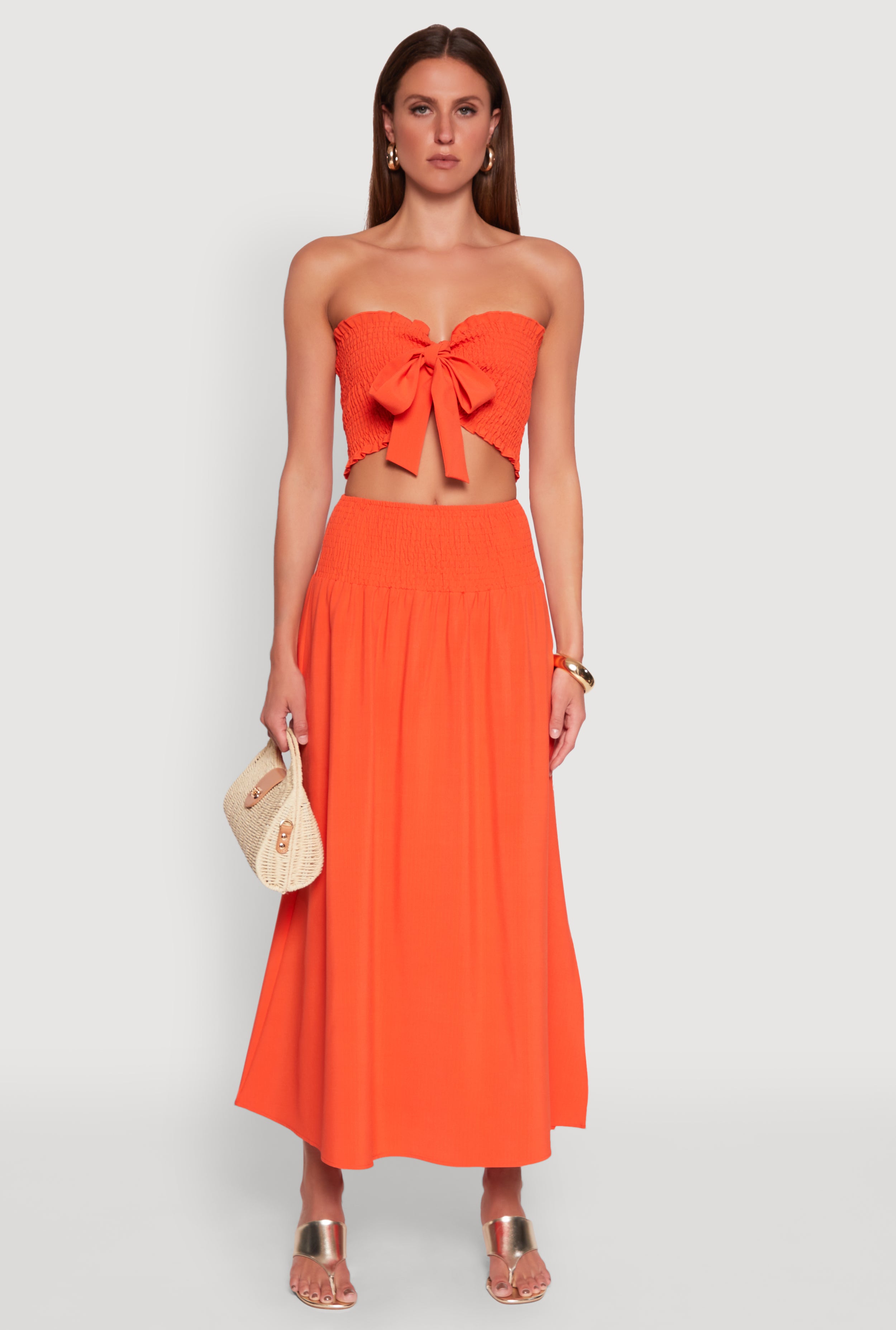 Smocked High Waist Side Slit Skirt