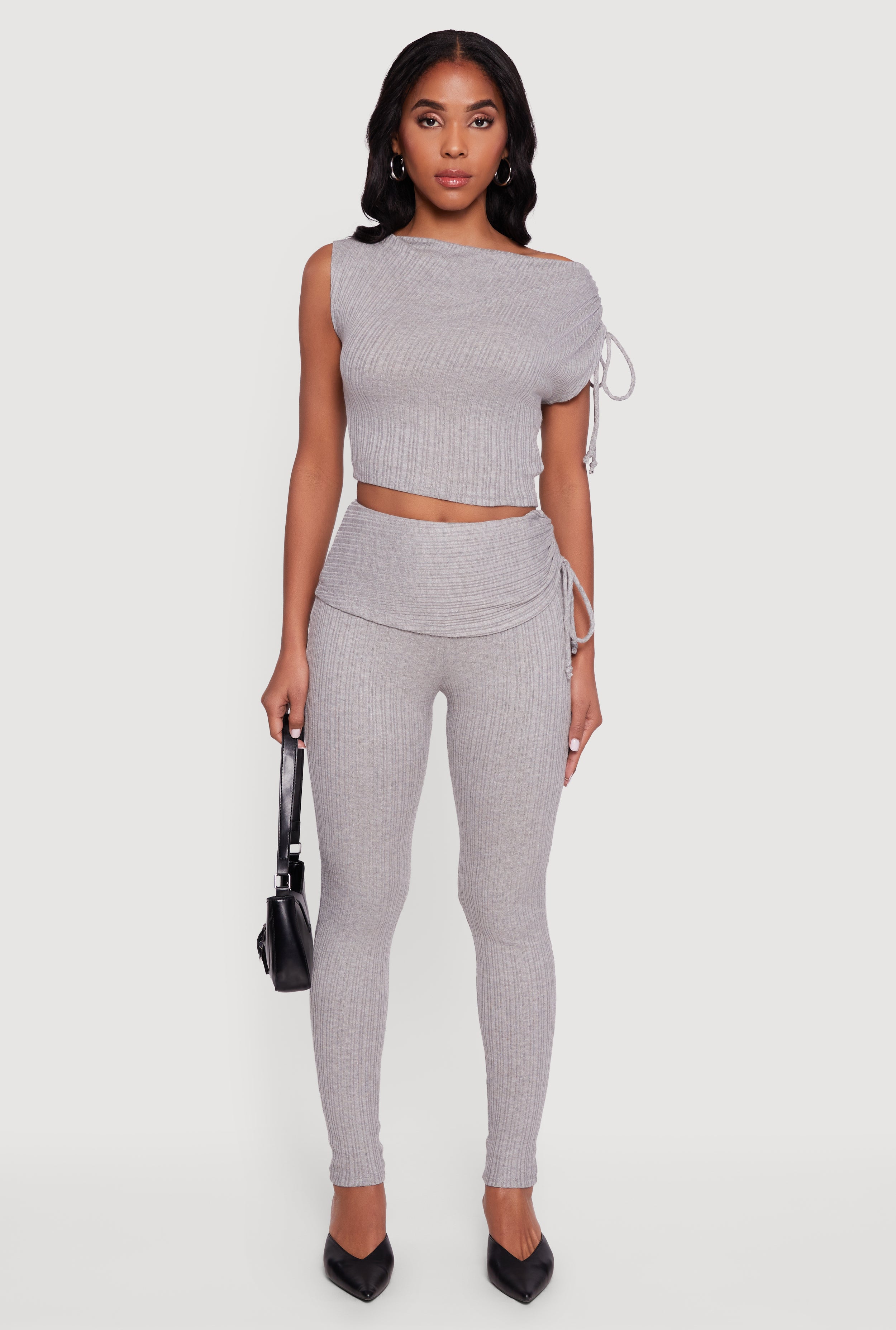 Brushed Rib Knit Fold Over Ruched Side Leggings