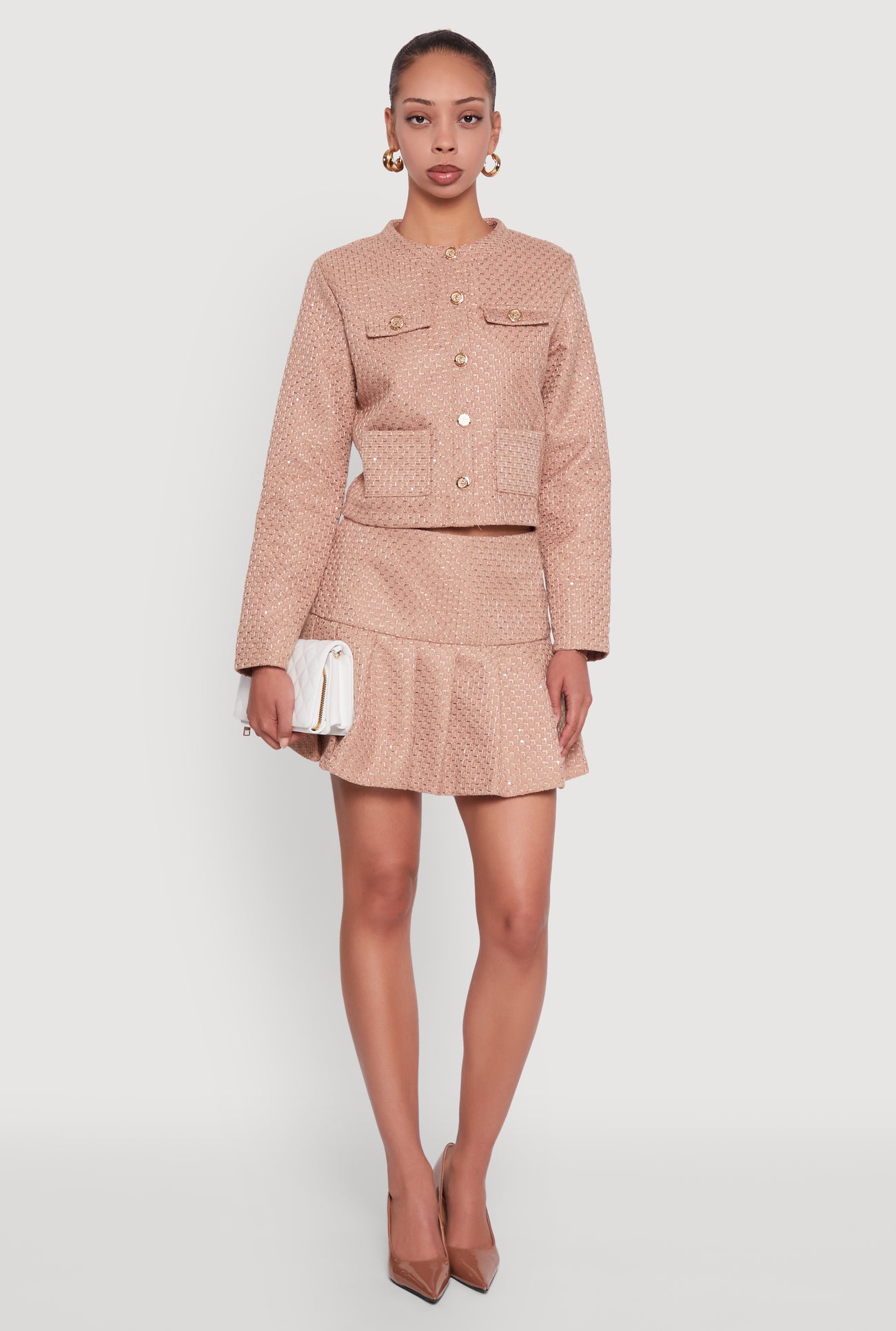 Tweed Flap Pocket Cropped Button Front Blazer