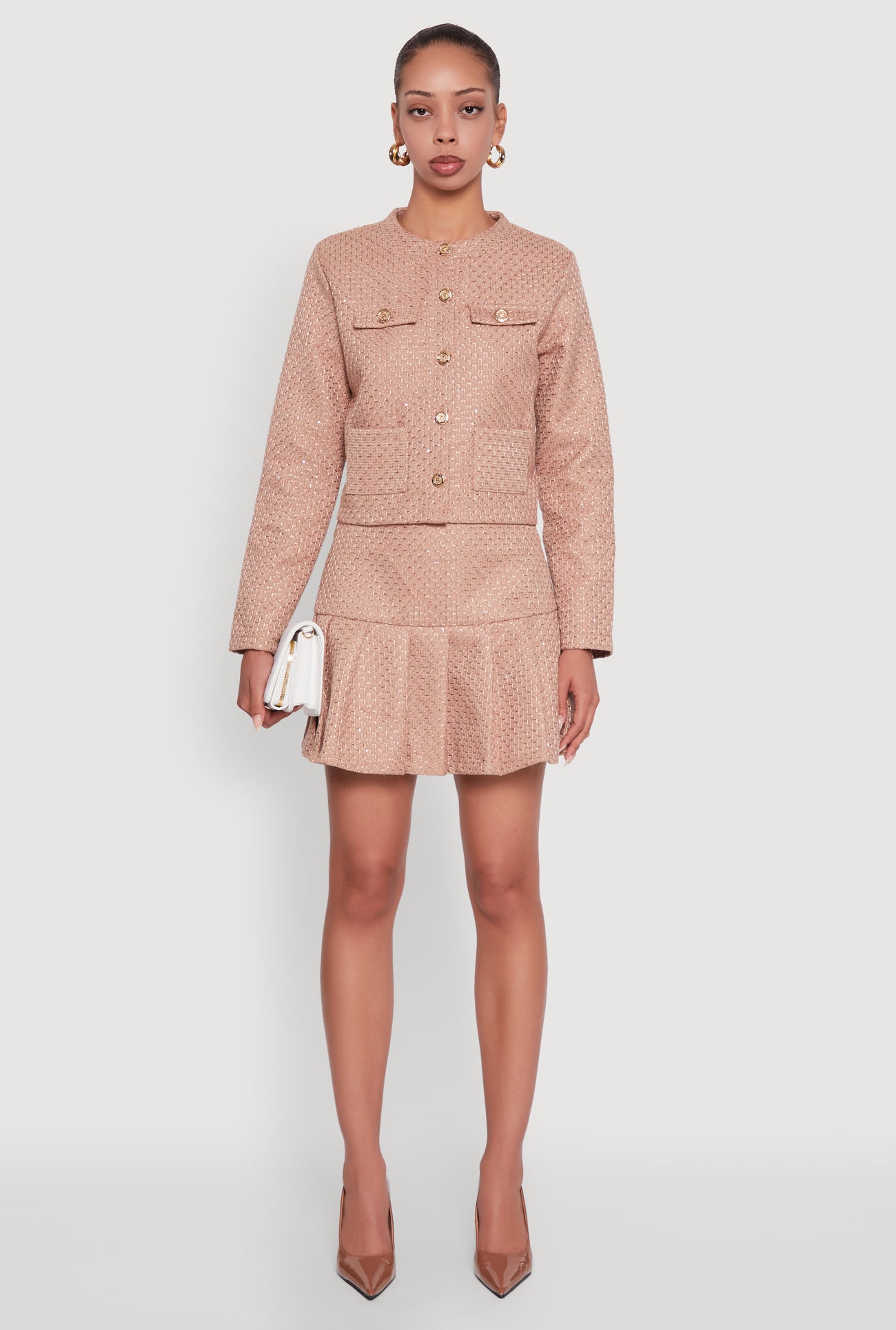 Tweed Flap Pocket Cropped Button Front Blazer