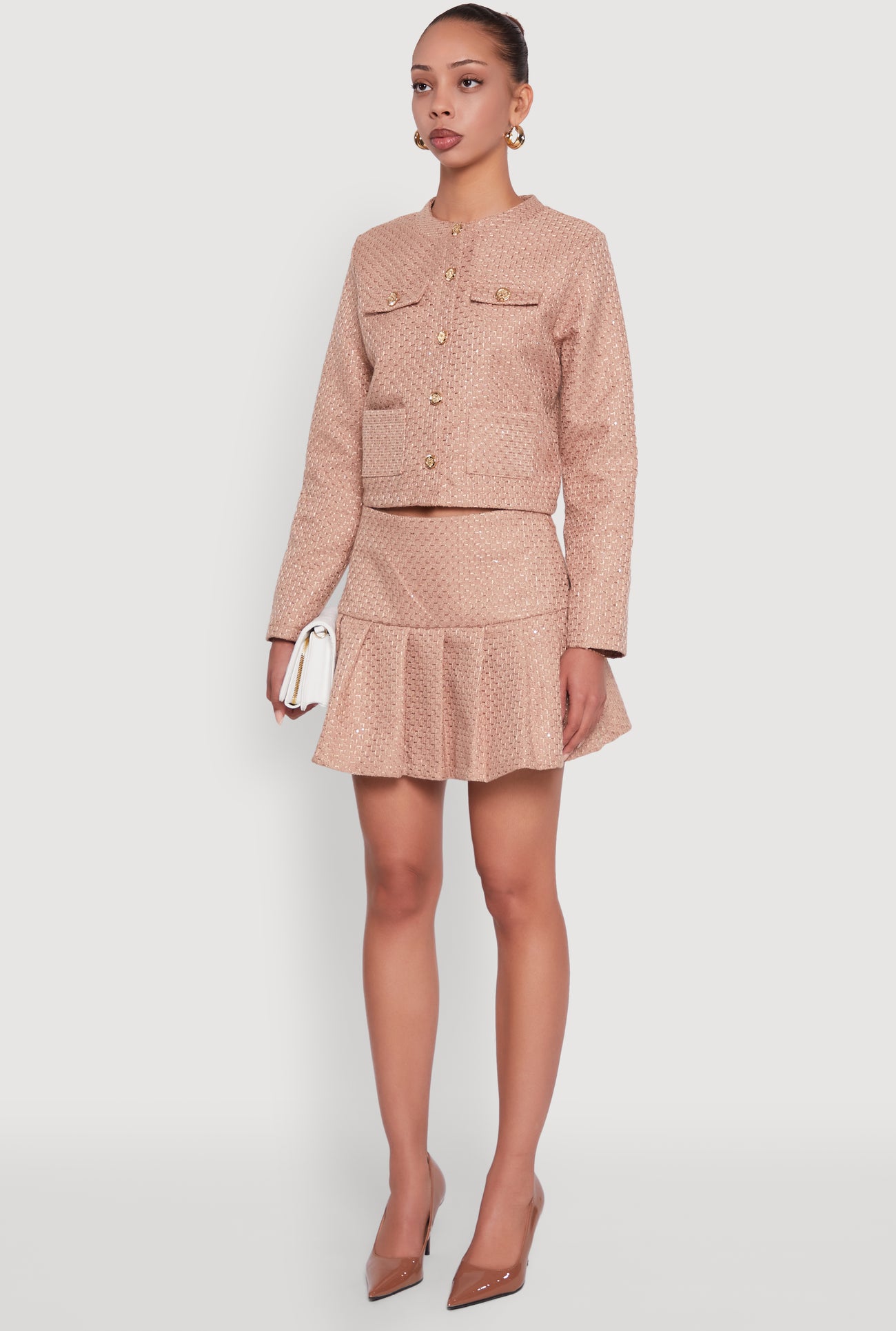 Tweed Flap Pocket Cropped Button Front Blazer