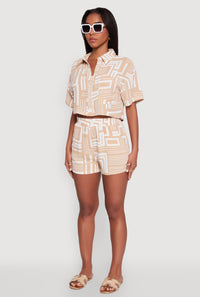 Crepe Knit Geometric Print Cropped Shirt