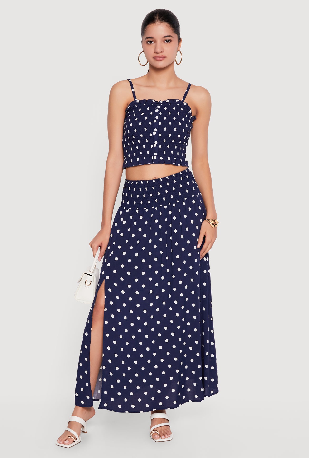 Smocked Drop Waist Polka Dot Side Slit Skirt Smocked Drop Waist Polka Dot Side Slit Skirt