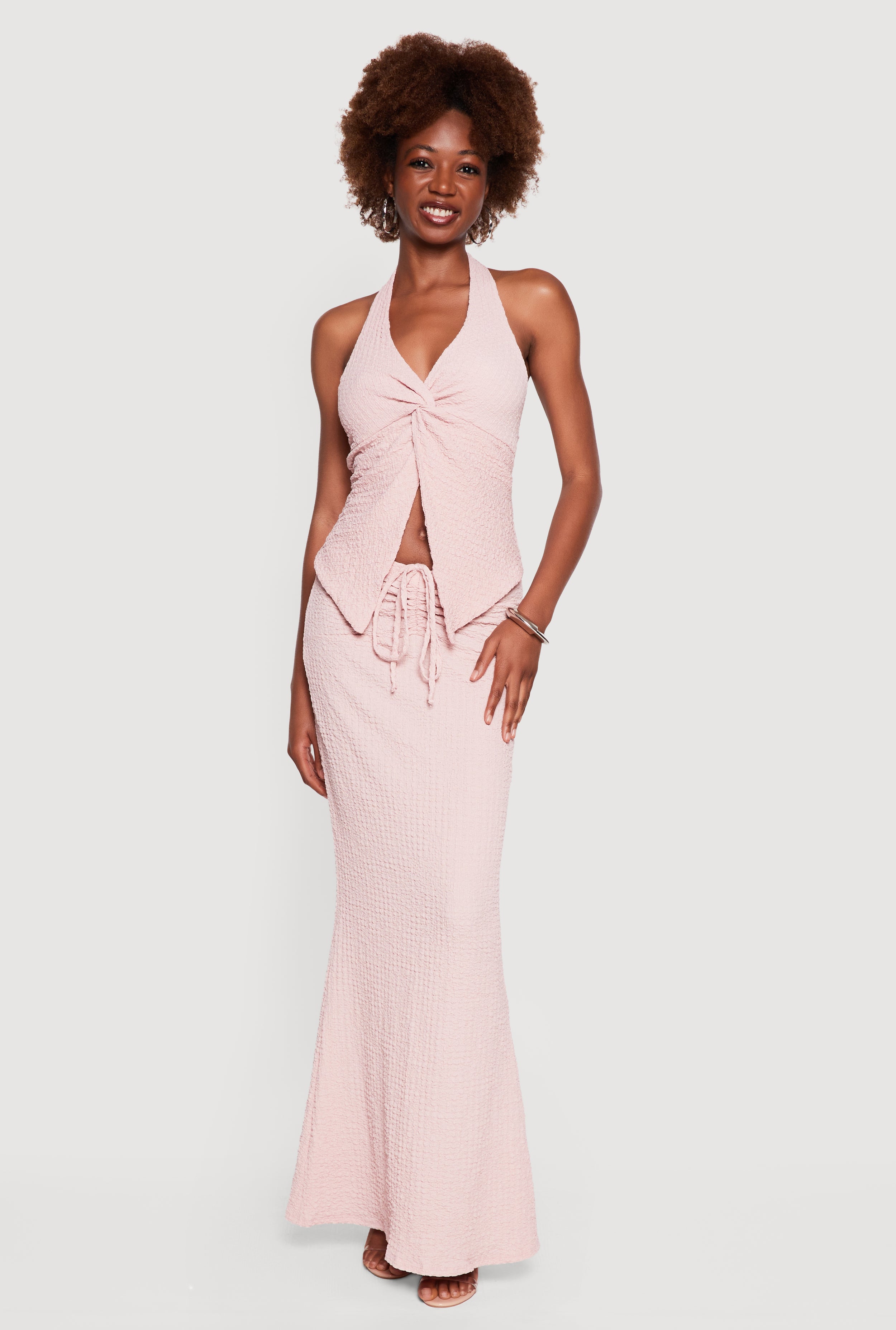 Textured Knit Twist Front Halter Top