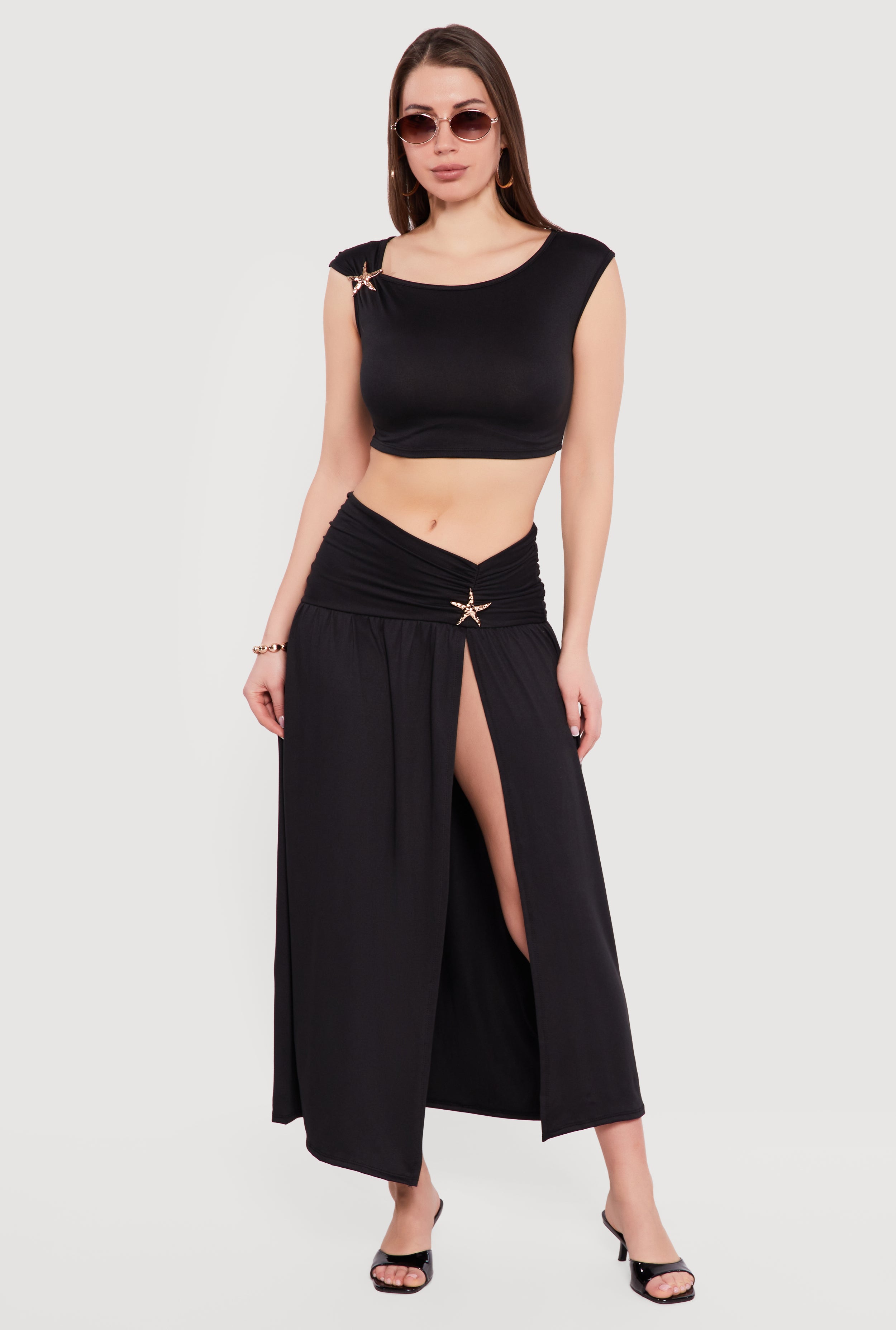 Metallic Starfish Side Slit Maxi Skirt
