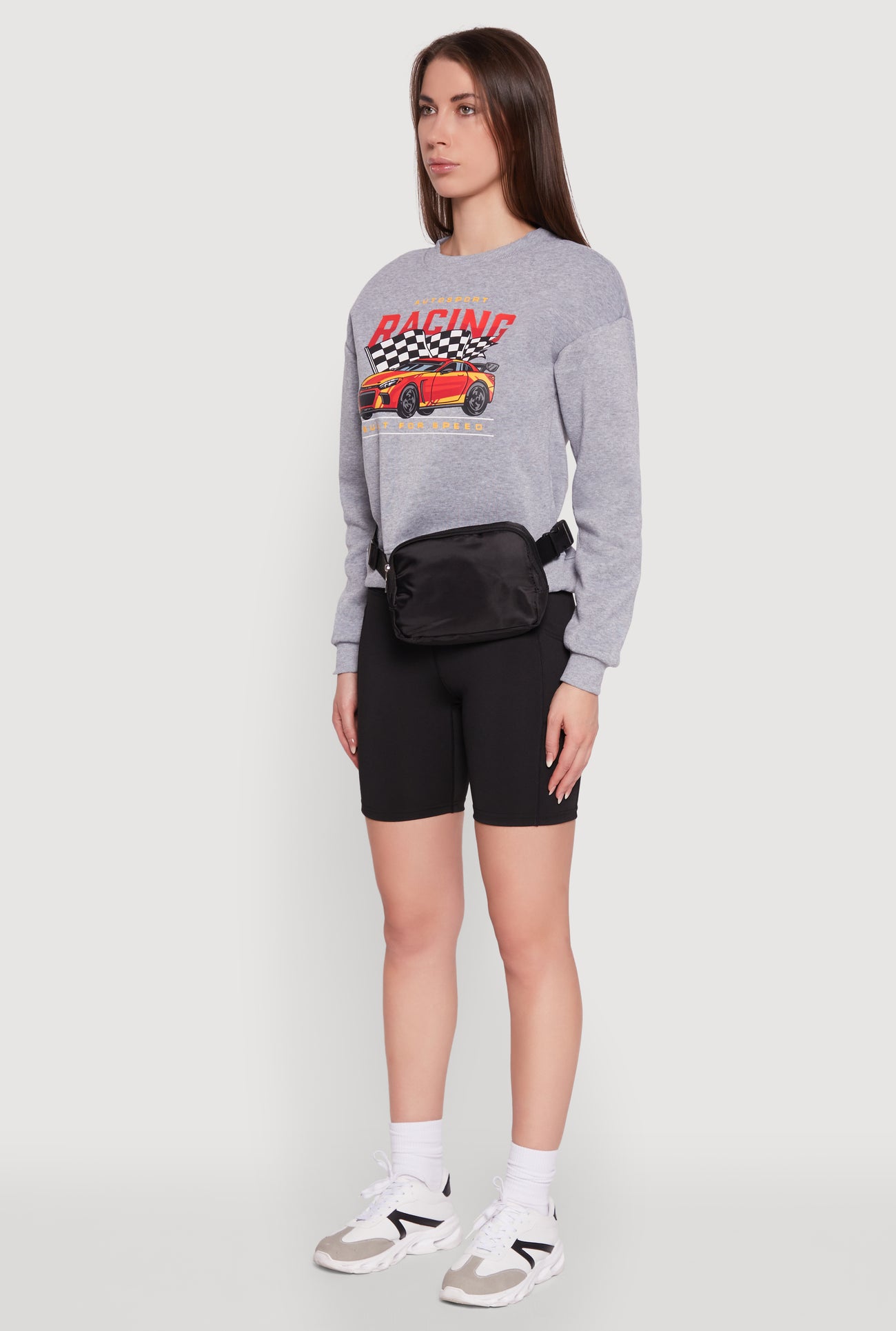 Trendy Racing Graphic Sweatshirt with Biker Shorts and Fanny Pack