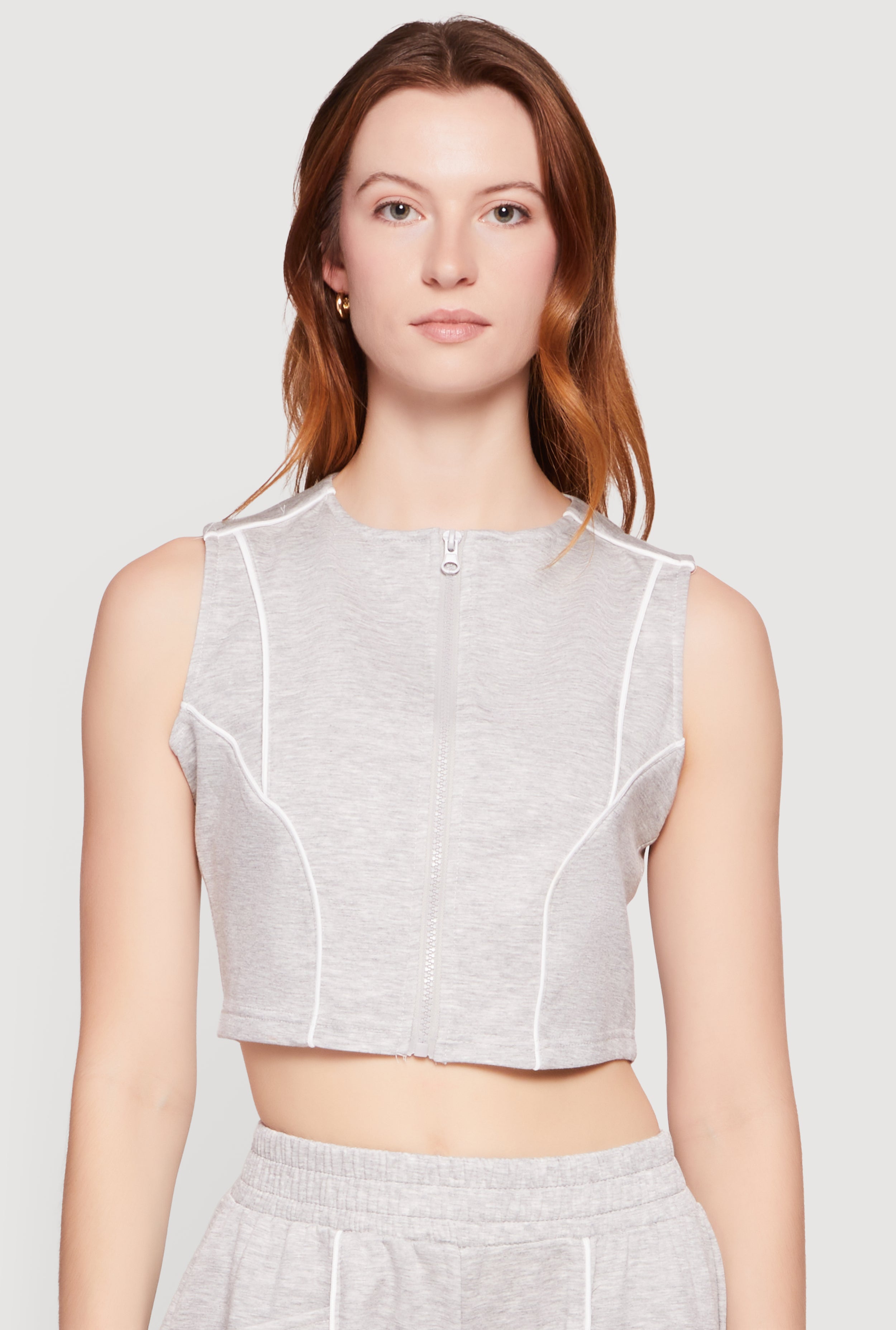 Contrast Piping Zip Front Crop Top