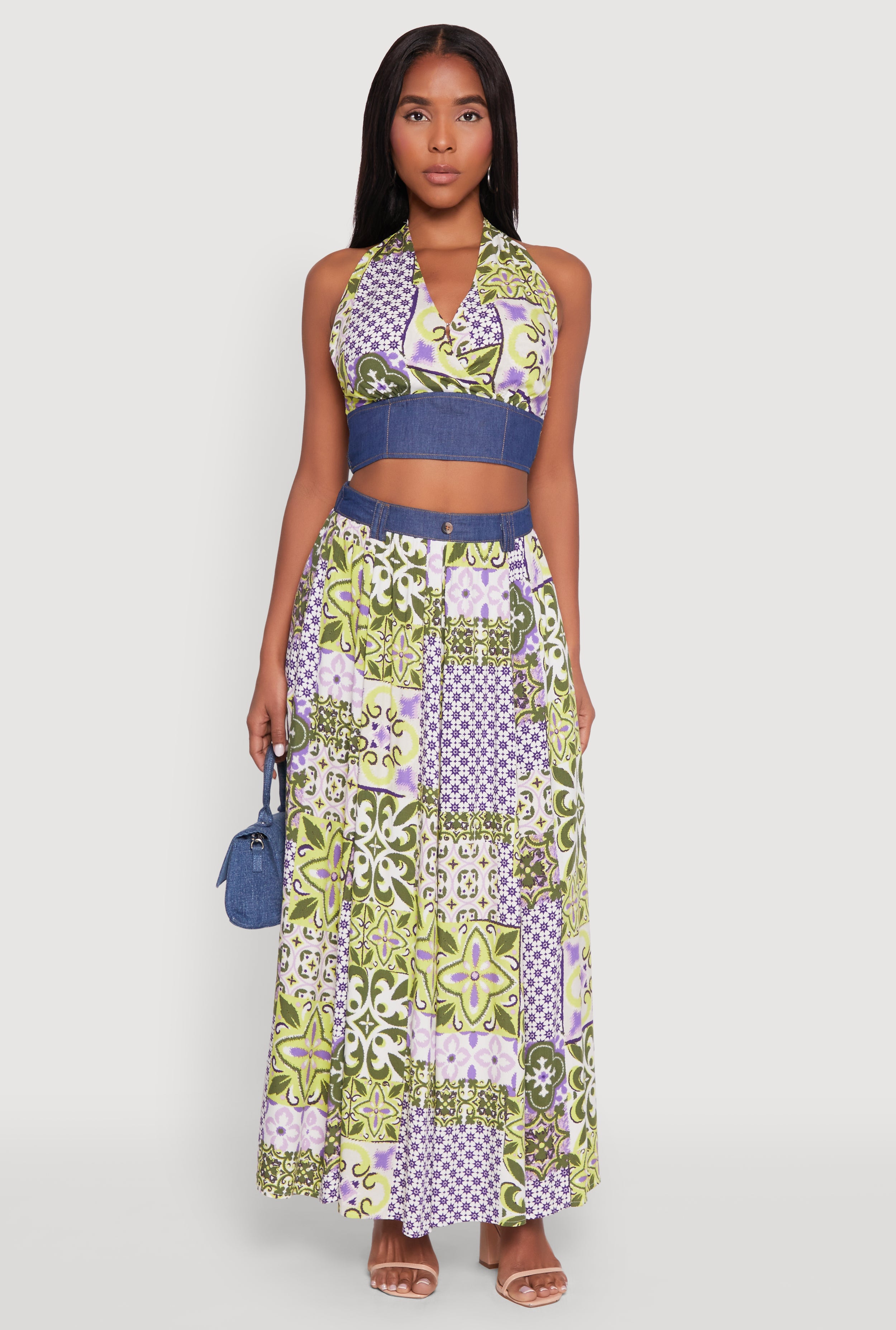 Denim Detail Patterned Halter Top