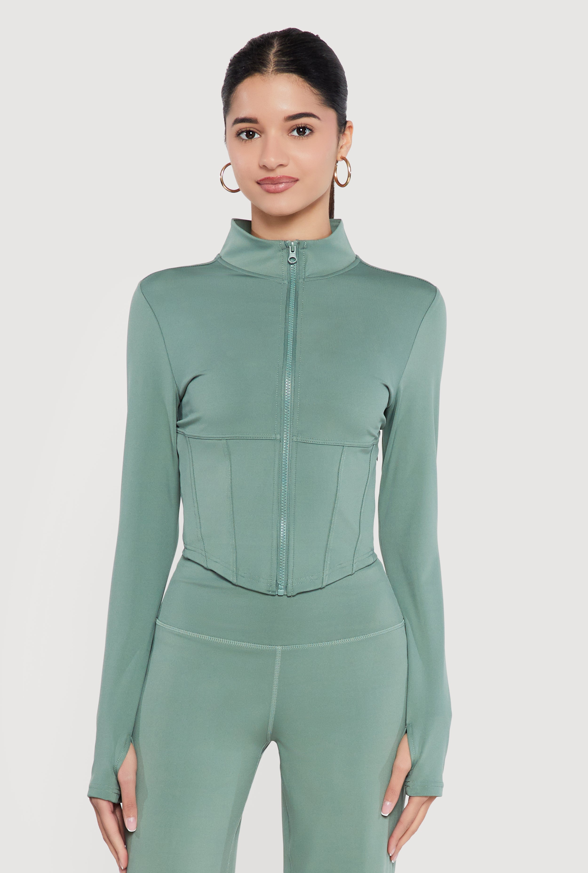 Zip Front Corset Detail Mock Neck Track Jacket