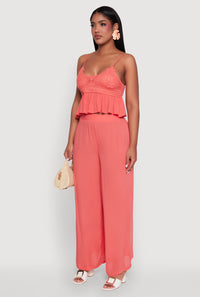 Crochet Overlay Peplum Crop Top with Scoop Neck