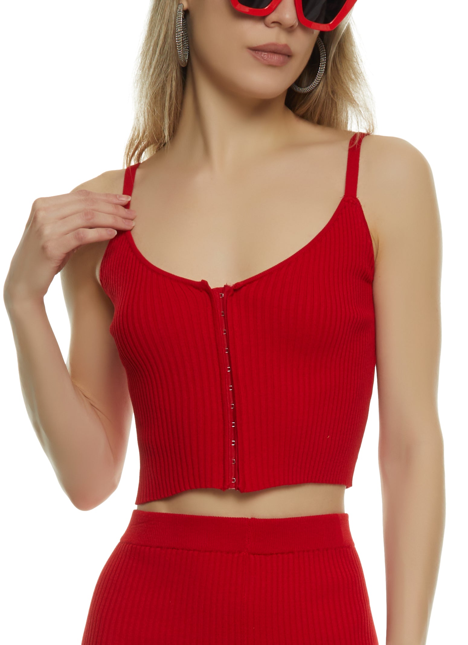 Womens Ribbed Hook and Eye Cropped Cami, Red, Size L | Rainbow Shops