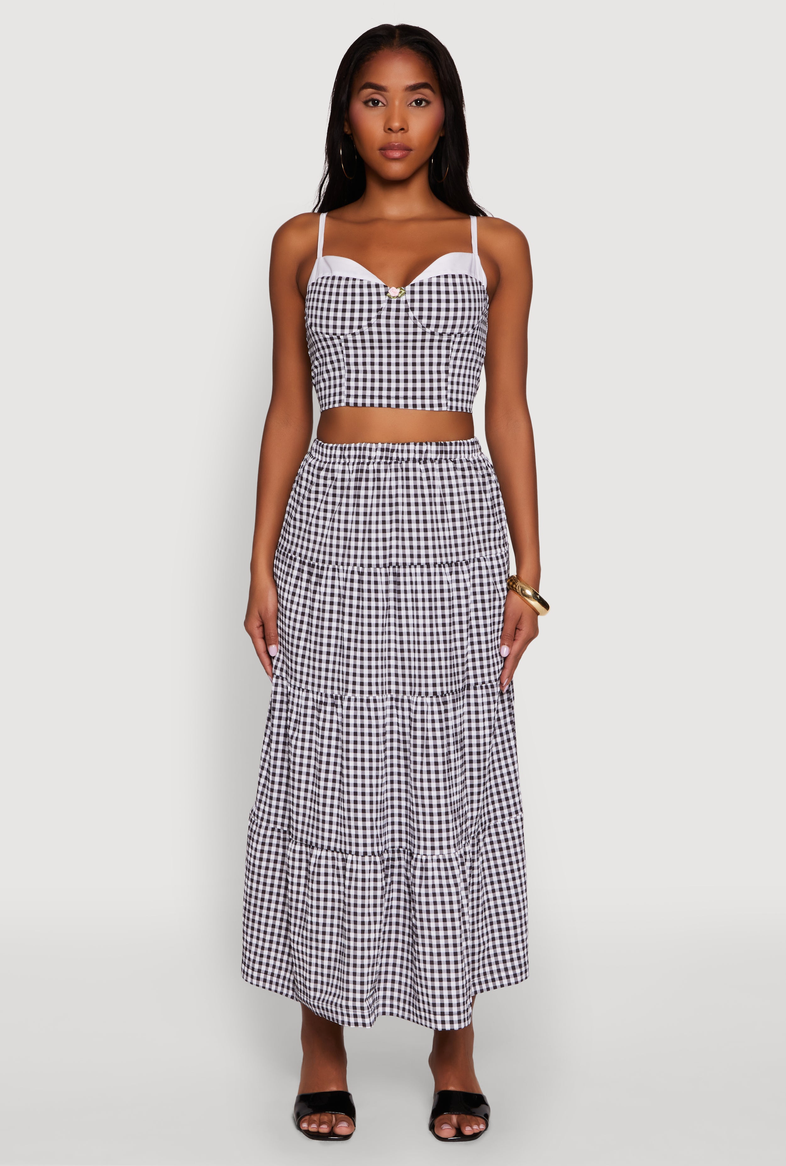 High Waisted Gingham Tiered Skirt