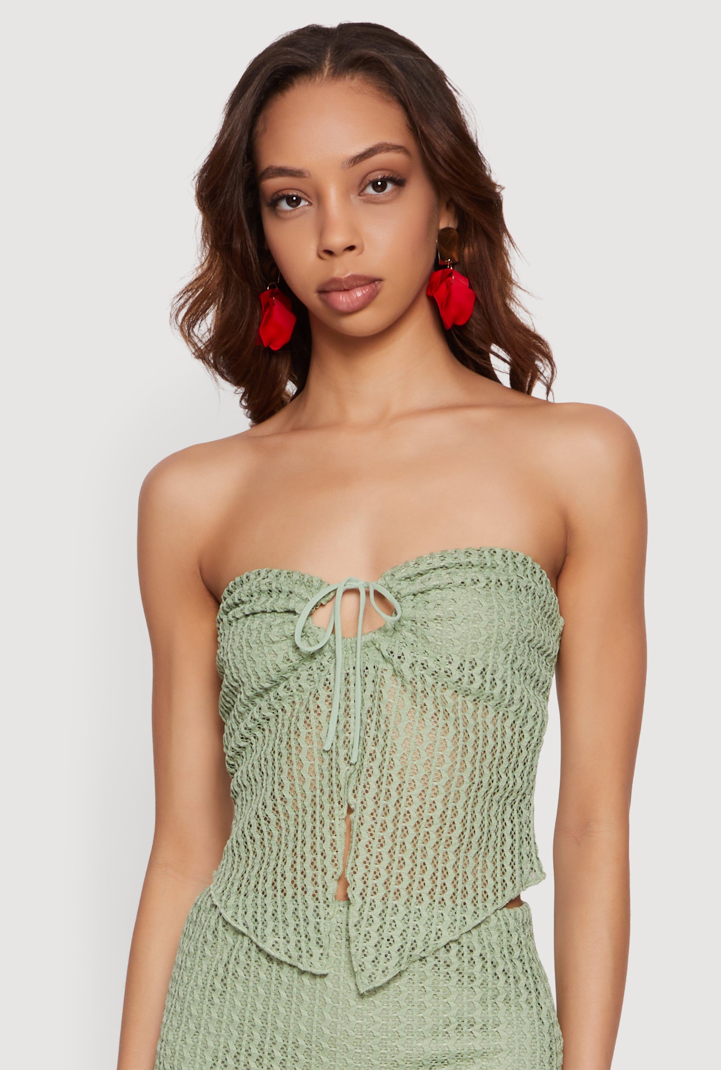 Textured Knit Drawstring Keyhole Crop Tube Top