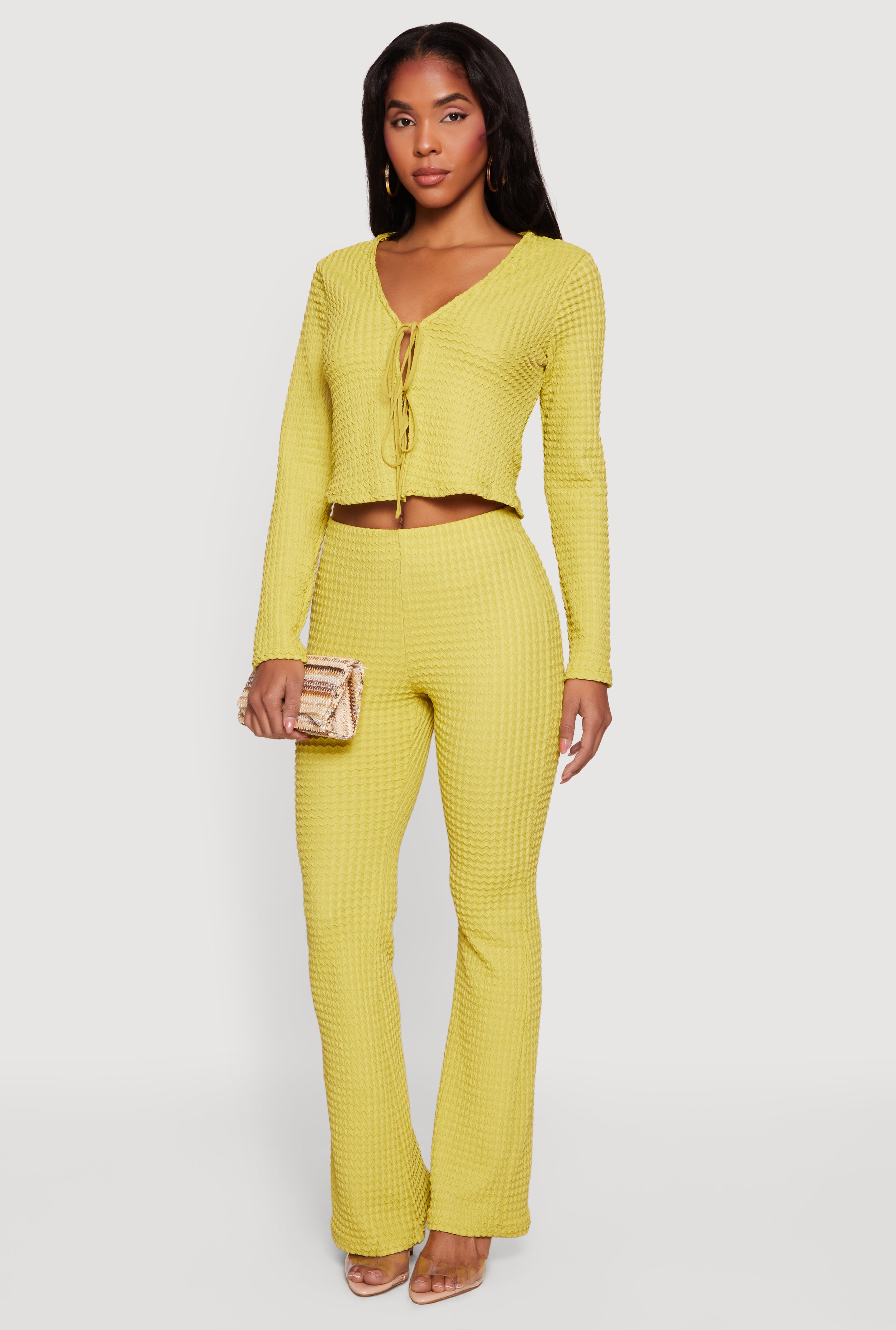 Textured Knit Tie Front Long Sleeve V-Neck Crop Top