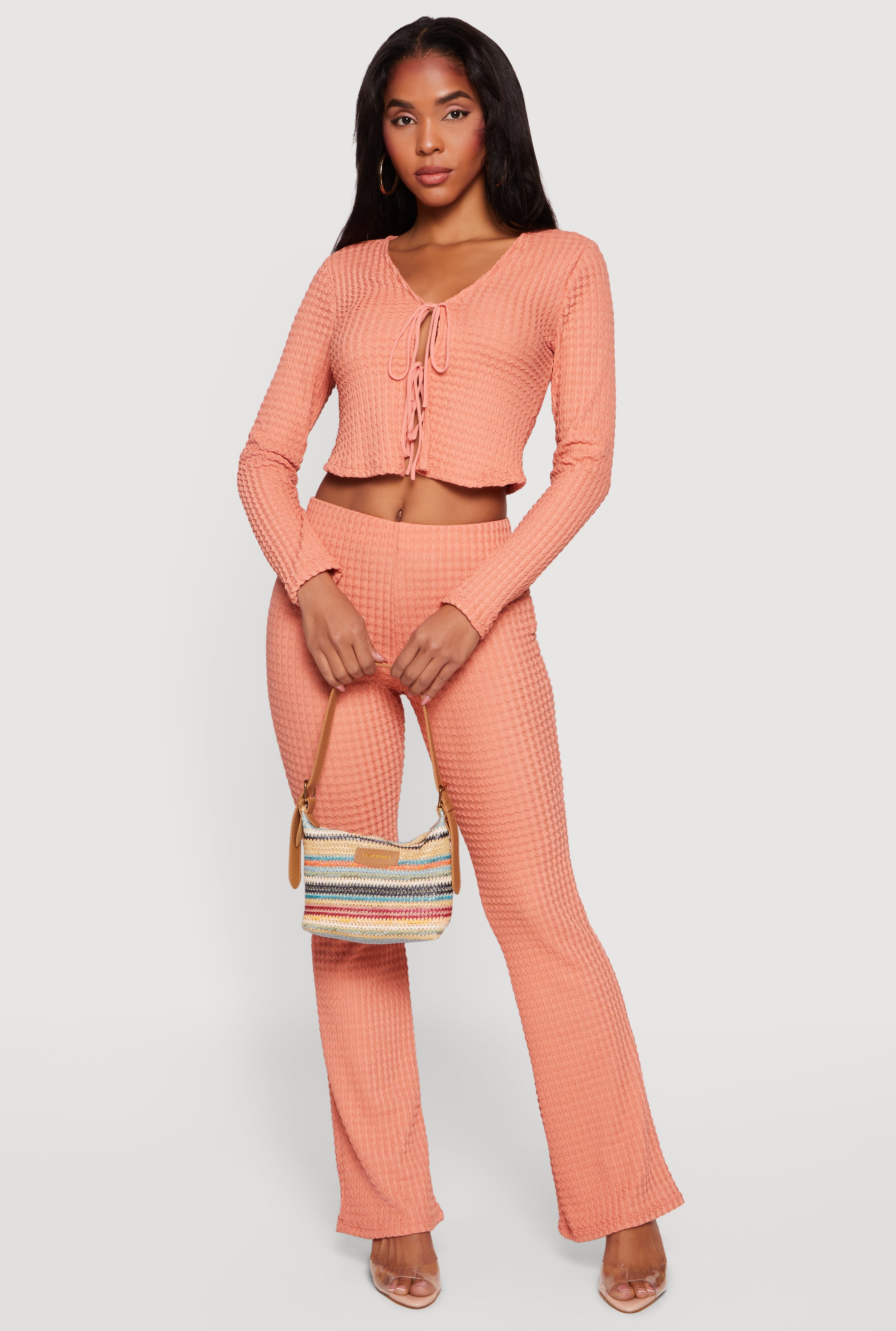 Textured Knit Tie Front Long Sleeve V-Neck Crop Top