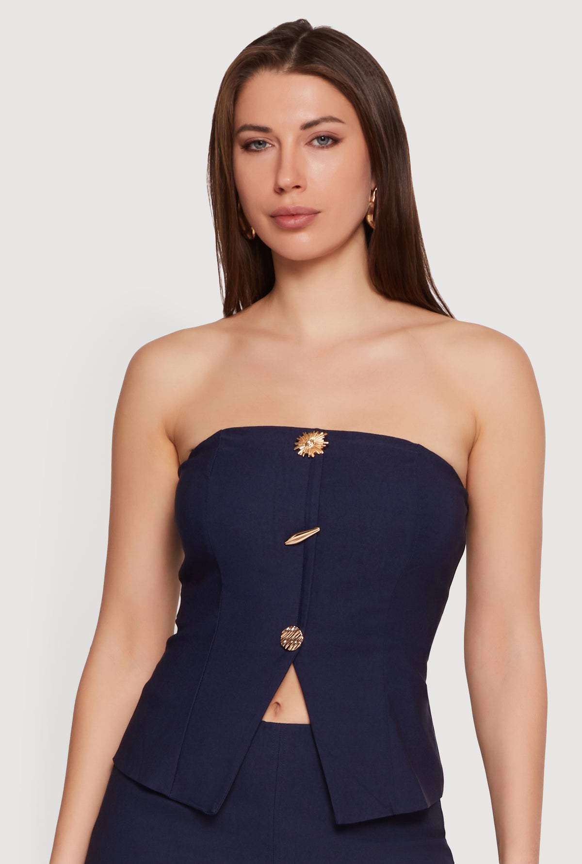 Metallic Button Detail Slit Front Tube Top