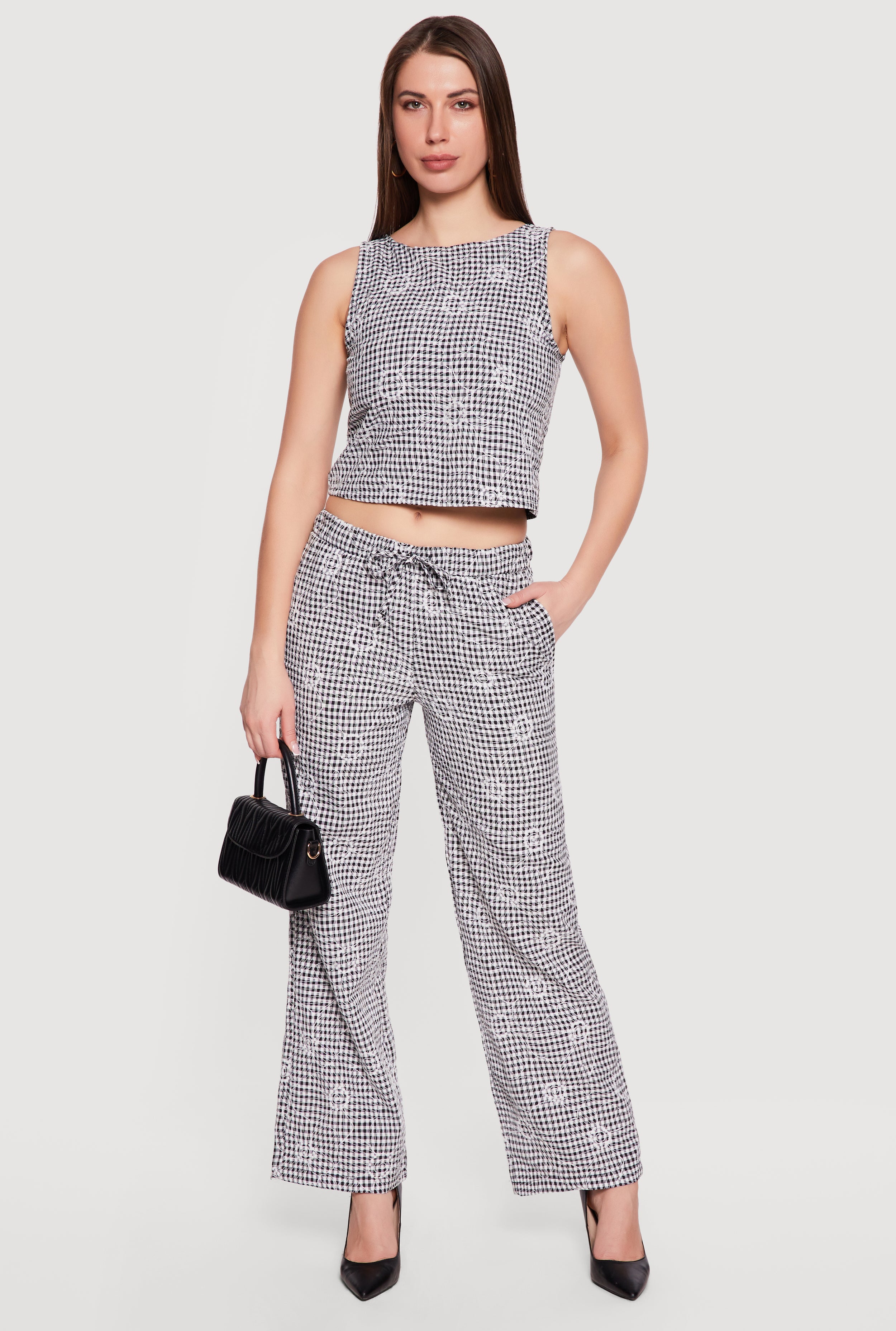 Floral Decorative Stitch Gingham Drawstring Waist Pants