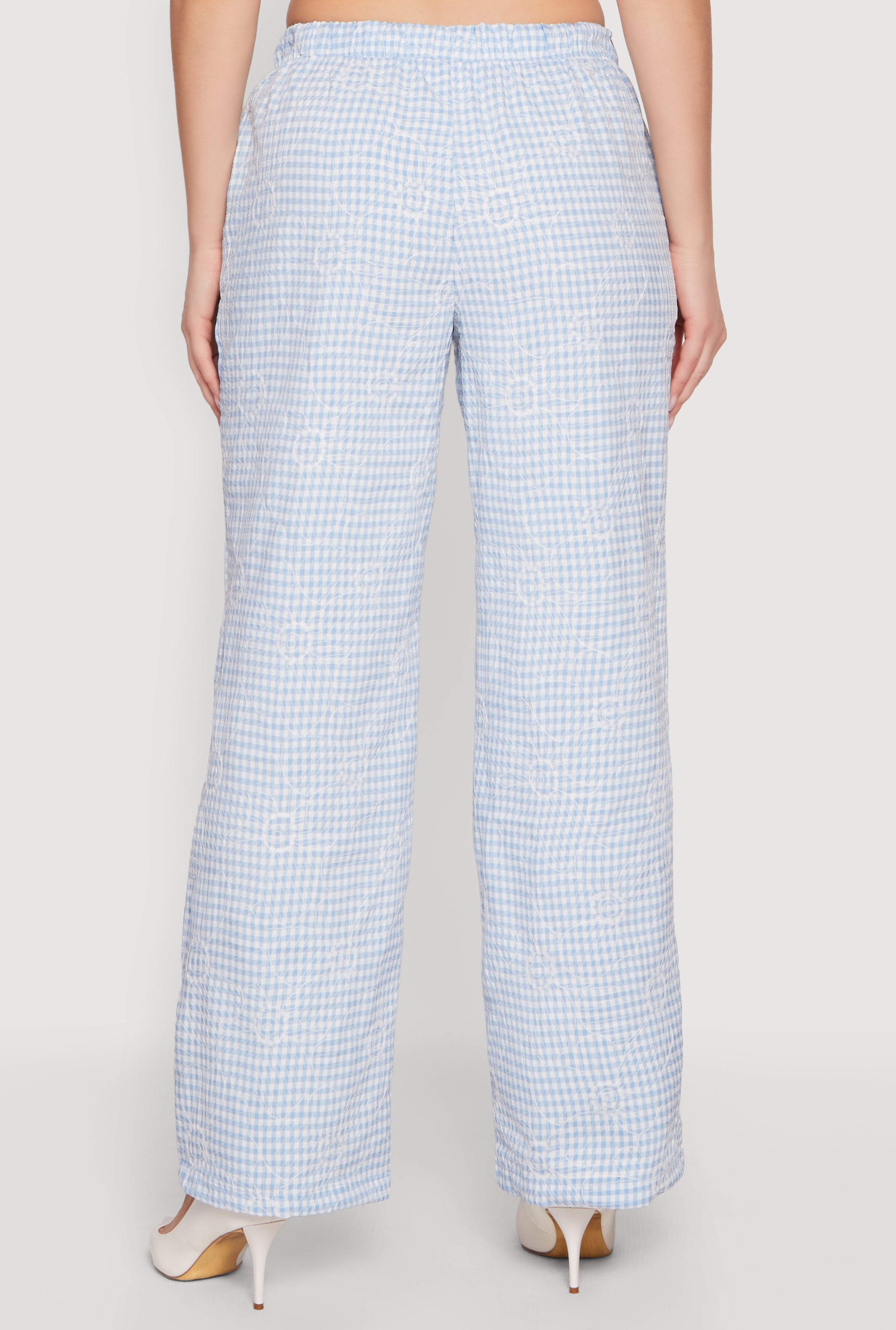 Floral Decorative Stitch Gingham Drawstring Waist Pants