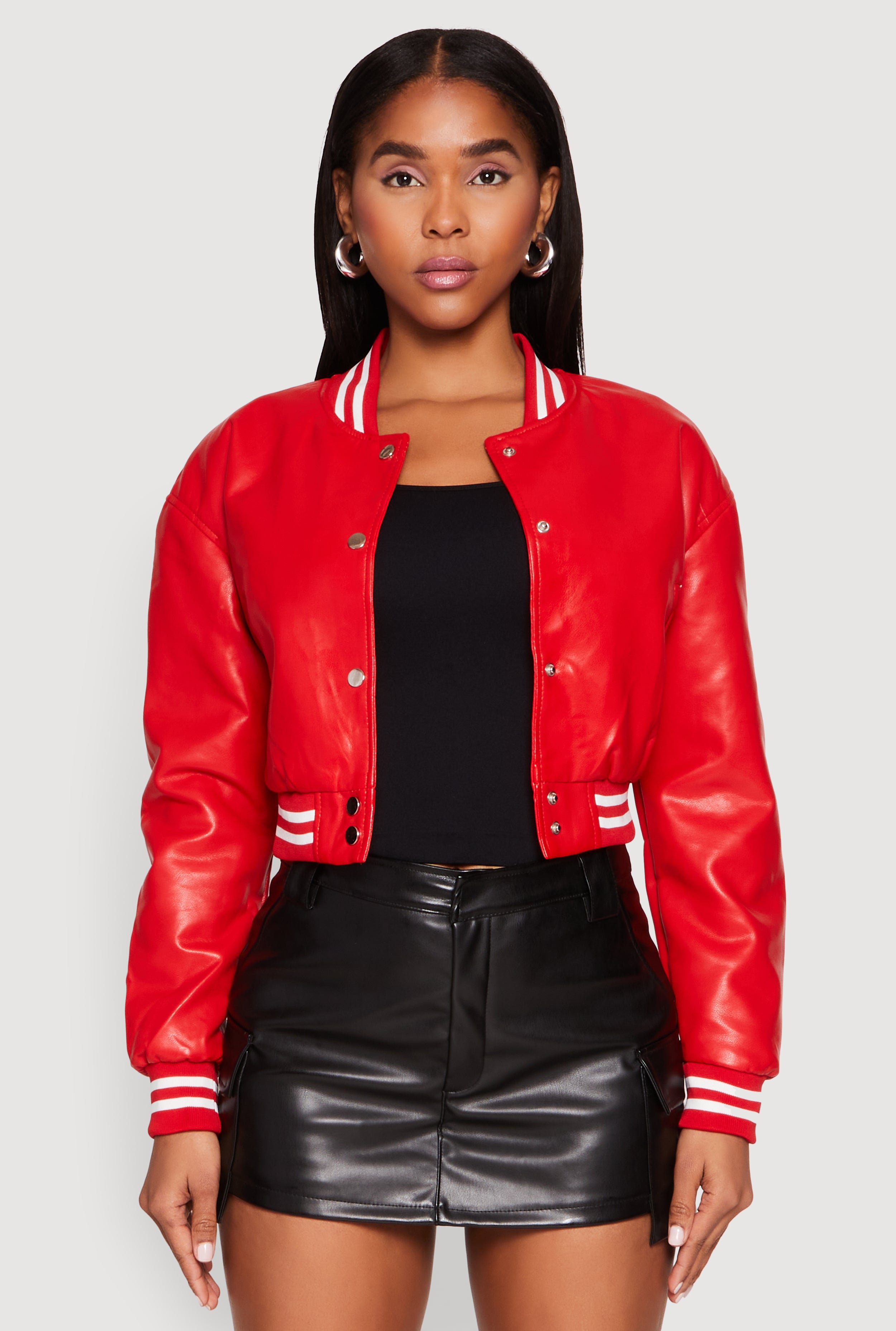 red faux leather bomber jacket